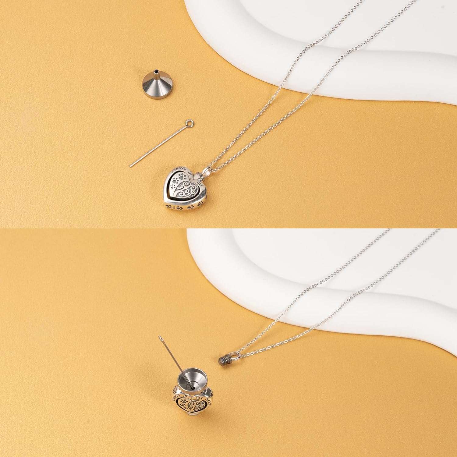 925 Sterling Silver Heart Pet Urn Necklace for Ashes - Dog/Cat Memorial, Paw Print & Tree of Life, Always in My Heart Engraved 18"