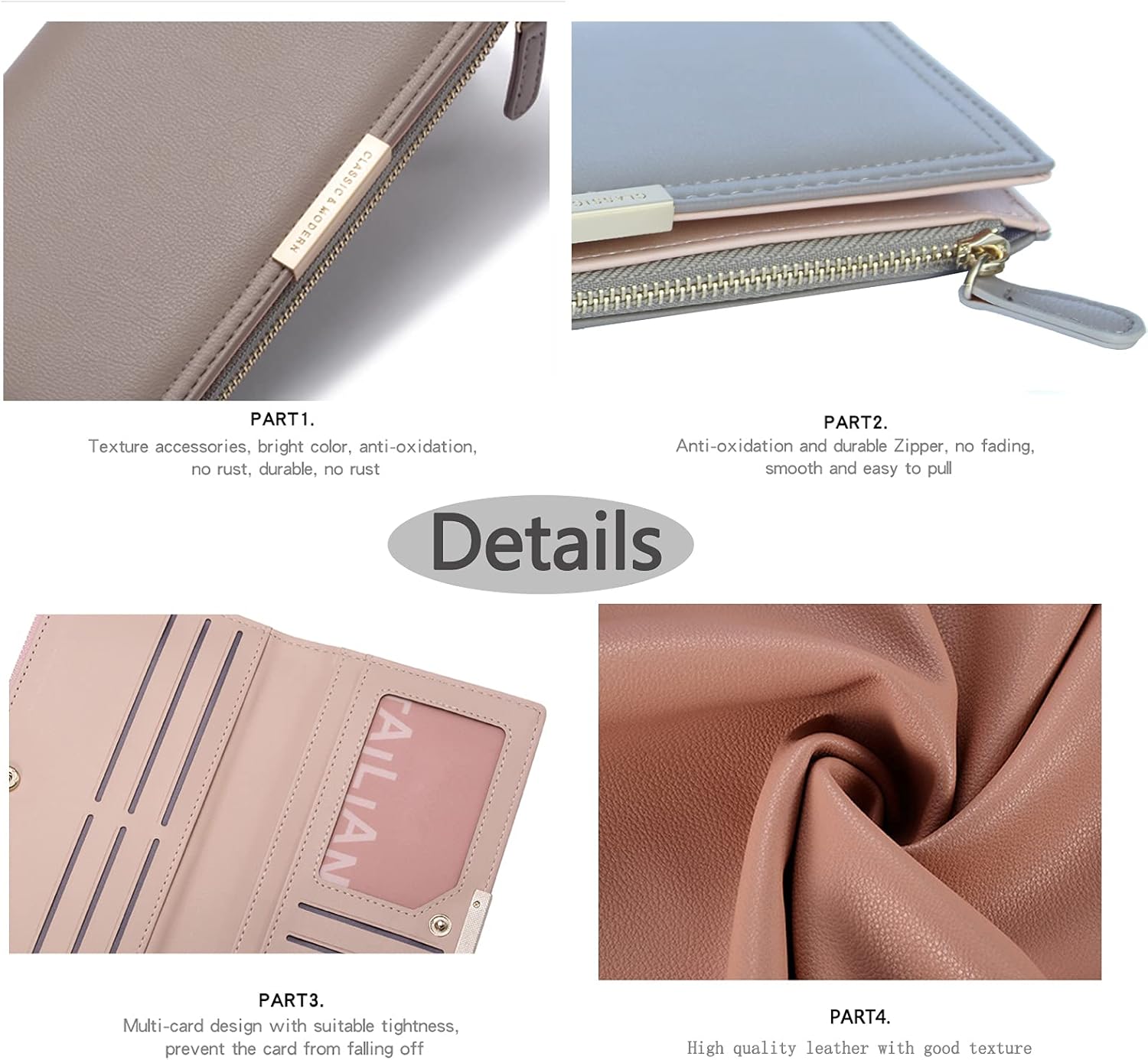 Mokoze Grey Wallet Women, Leather Wallet with Zipper Magnetic Closure Double Fold Wallet for Gift Giving, Daily Life, Travel and Business Occasions - Image 6