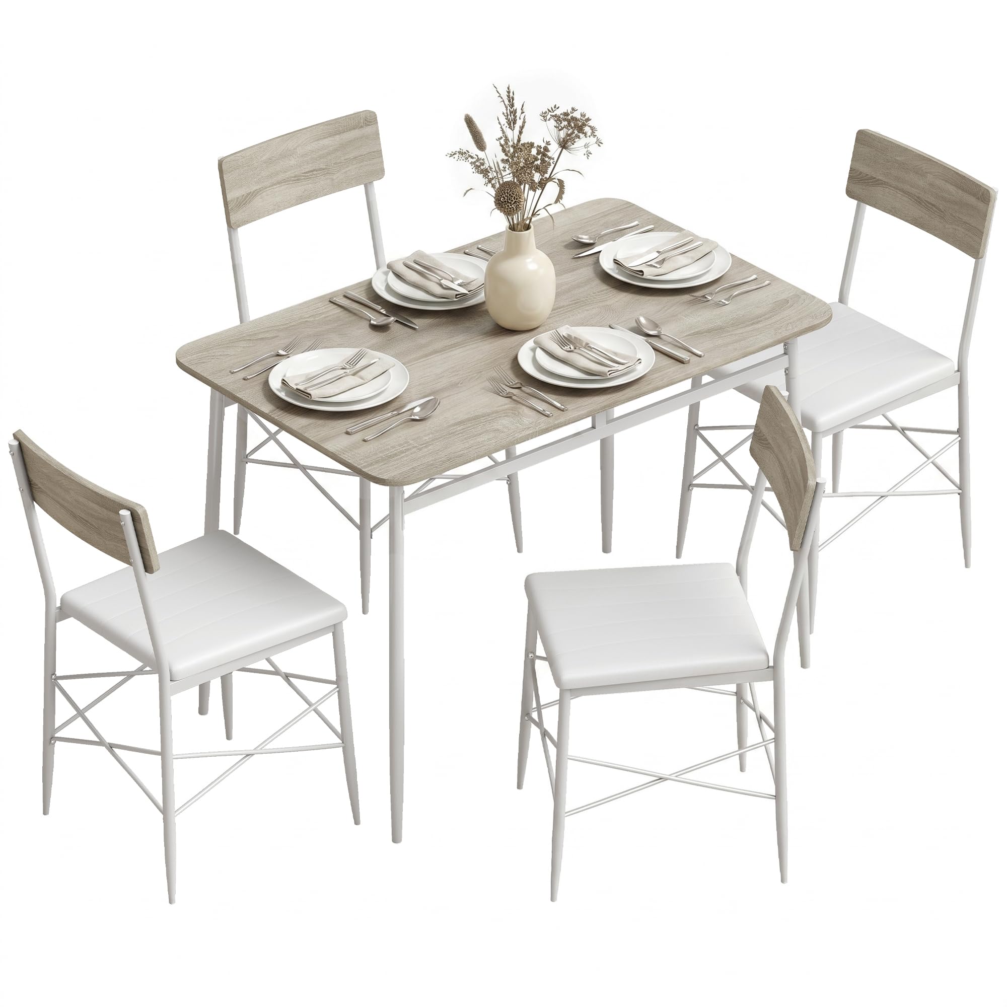 HOMCOM Juego de Mesa y Sillas de Comedor 5 Piezas Roble y Blanco | Mesa de Cocina Rectangular con 4 Sillas Acolchadas, Estilo Moderno, Marco Metálico, Espacios Pequeños, Salón, 106x66x75 cm