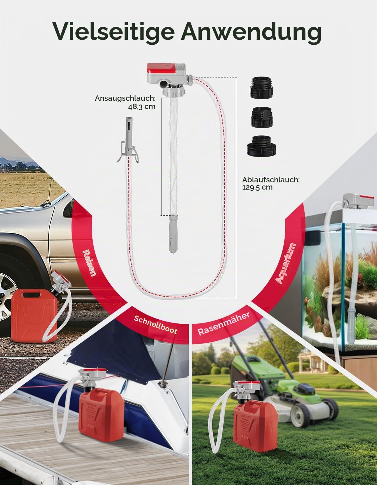 KEMIMOTO Elektrische Kraftstoffpumpe, Umfüllpumpe mit automatischer Abschaltsensor,Überlaufschutz, 2,4 GPM Schnellfluss, mit 3 Kanisteradaptern, 130m Schlauch für Benzin, Diesel, Öl