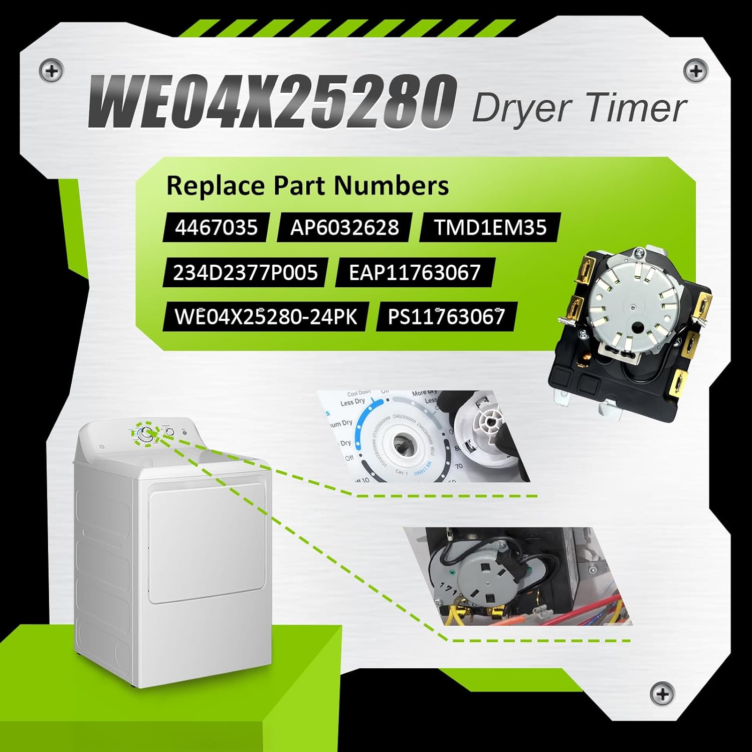 WE04X25280 TMD1EM35 234D2377P005 Dryer Timer Compatible with GE Hotpoint Dryer, Replacement Part WE04X25280-24PK 4467035 AP6032628 PS11763067 EAP11763067, 1 Year Warranty
