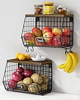 Goozii 2-Pack Hanging Wall Fruit Basket - Stackable Kitchen Wire Organizers with Wood Lid & Banana Hook, Rustic Black Produce Storage