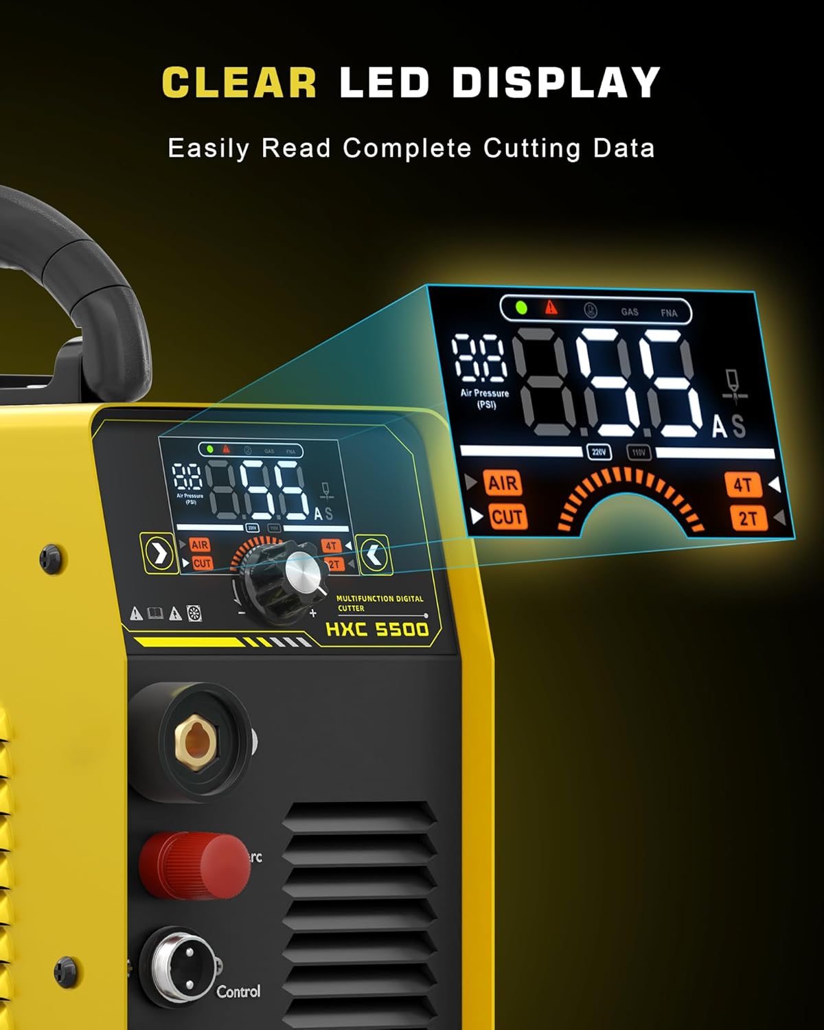 Close-up of the Haxiaoer HXC550D plasma cutter's LED display