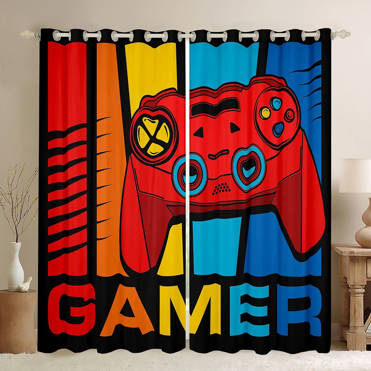 Boys Gamepad Curtains Gamer Window Drapes for Teens Kids Men Black Modern Video Game Controller Window Treatments Cool Blue Red Action Buttons Window Curtain,W66*L90 — image 1
