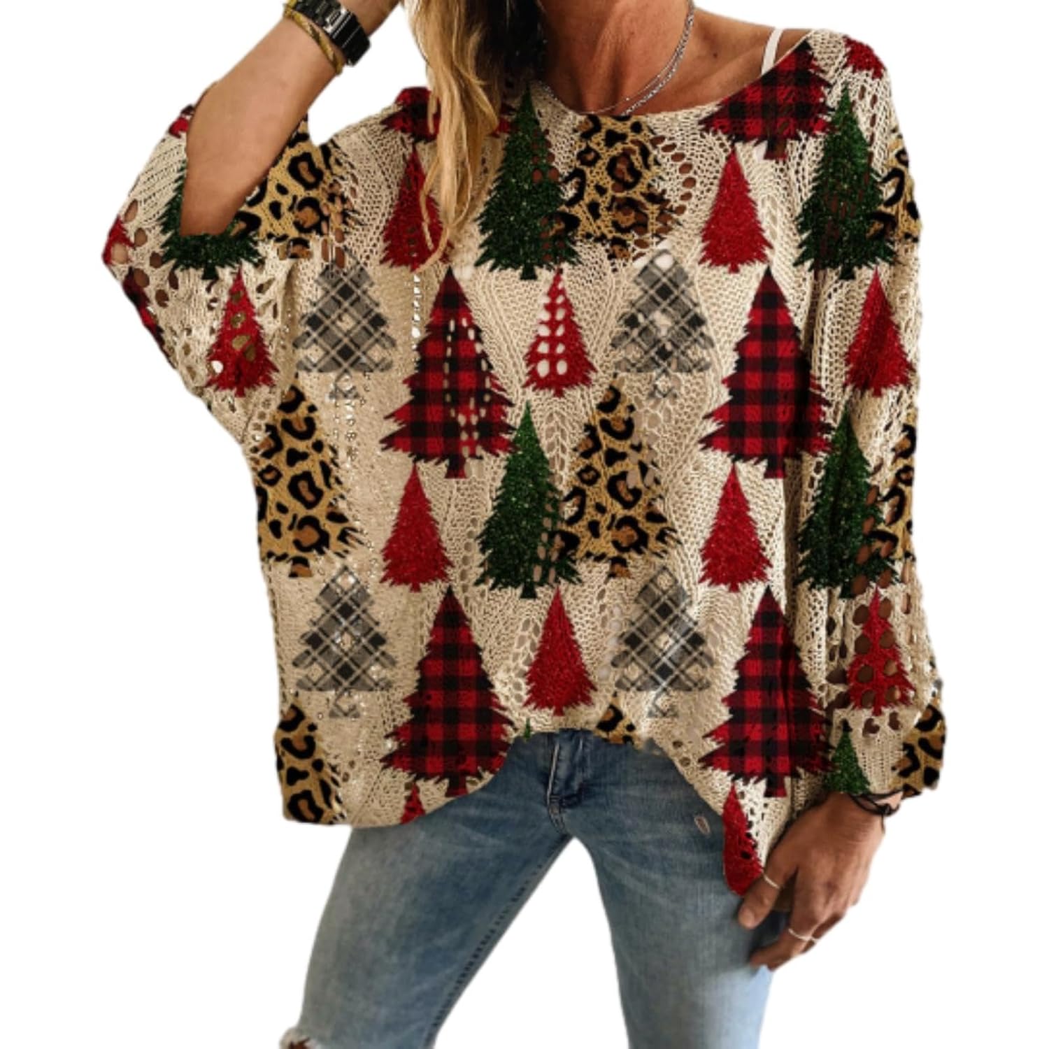 Womens Halloween Christmas Batwing Crochet Knit Sweater Fall Winter Oversized Crewneck Graphic Holiday Pullover Tops