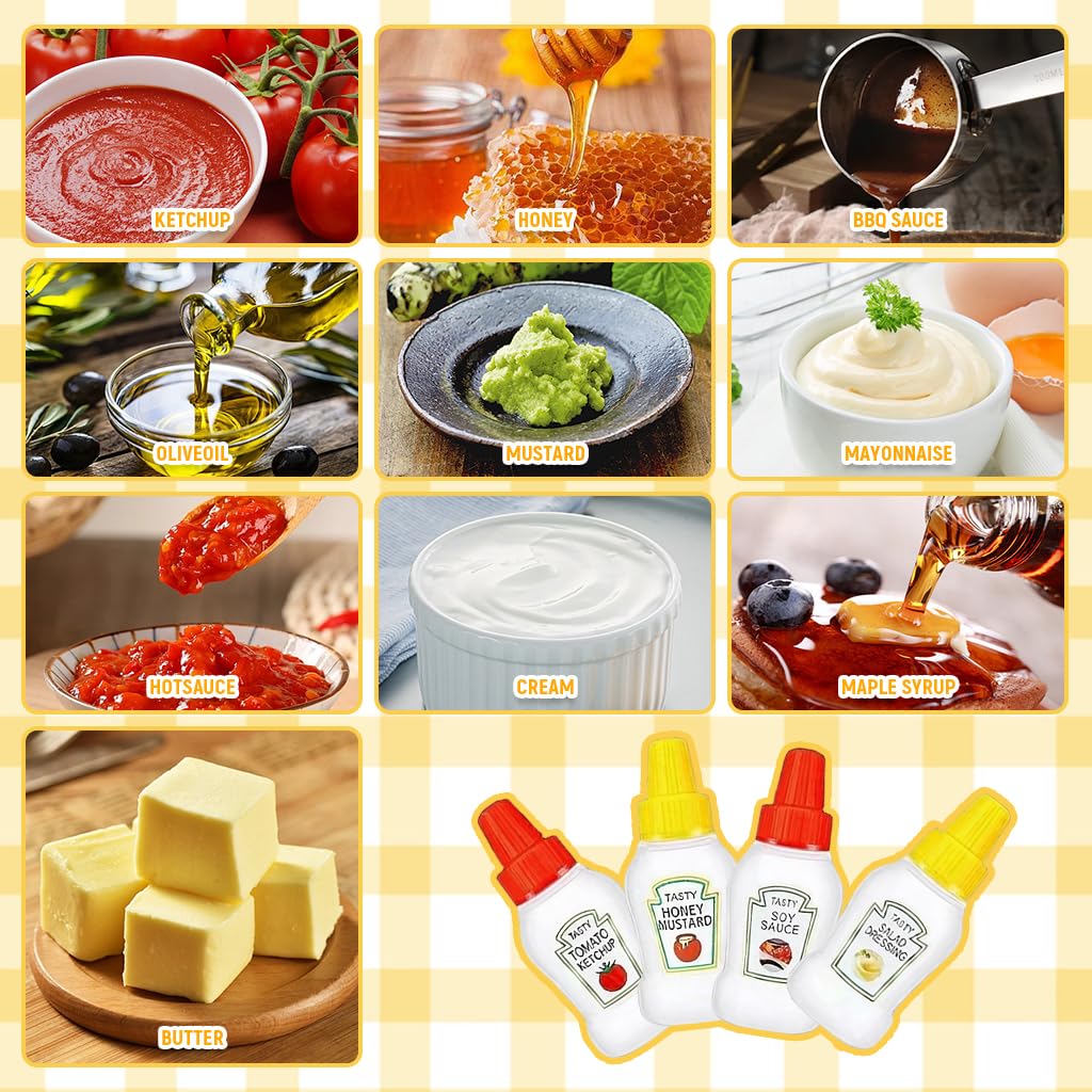HASTHIP 8Pcs 25ml Mini Ketchup Bottles, Leakproof Tiffin Sauce Dispenser 3