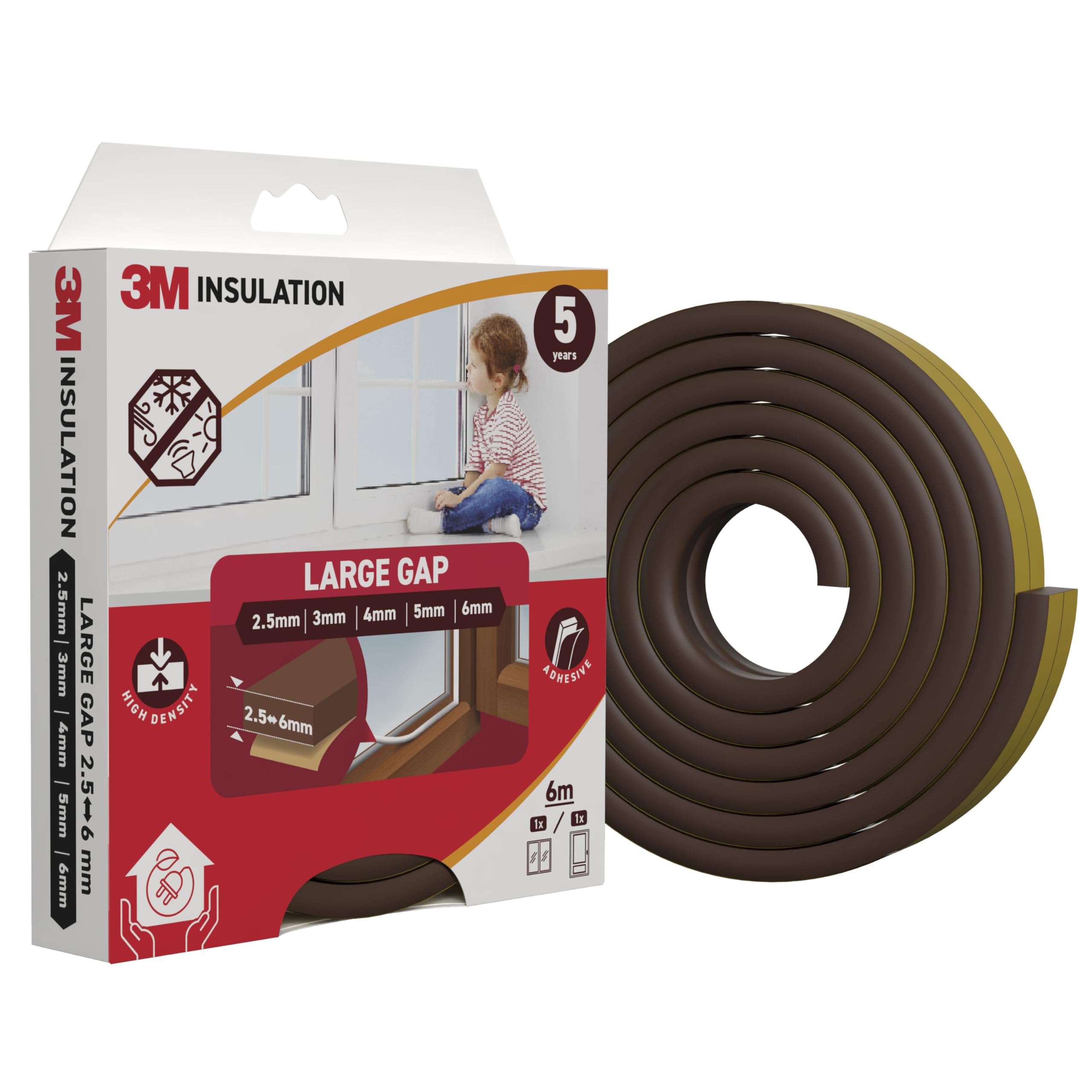 3M Classic Insulation Foam Seal, 6m, Brown, Large Gap up to 6mm - Self-Adhesive Rubber for Insulating Gaps in Windows and Doors, Draught Excluder, Protection Against Cold, Heat, Dust, Noise and Wind