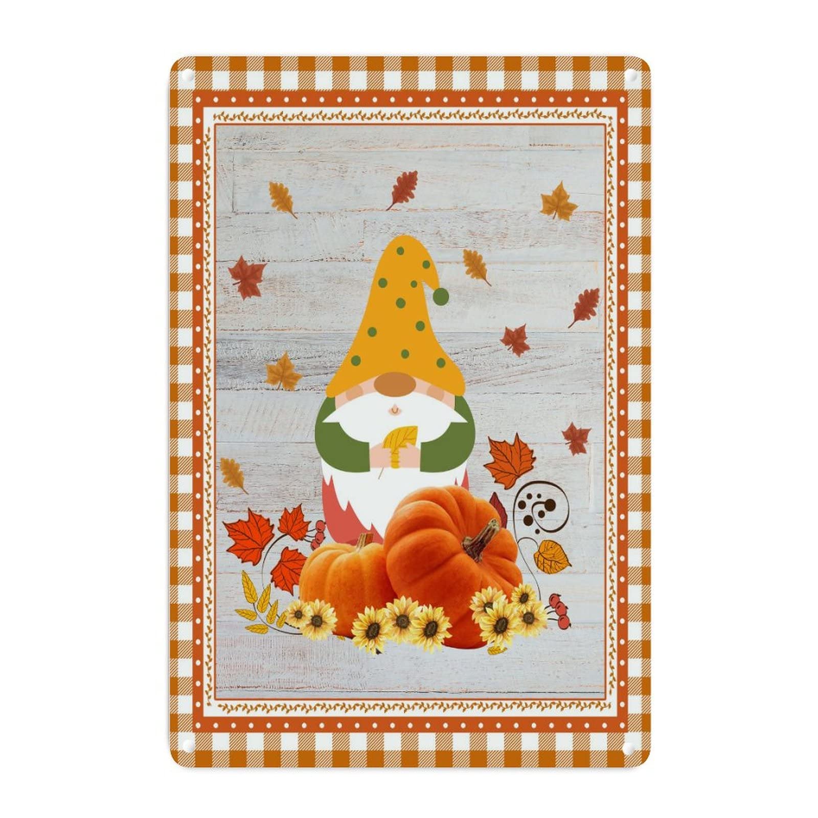 Panneau en métal amusant avec nain de citrouille orange à carreaux et motif tournesol