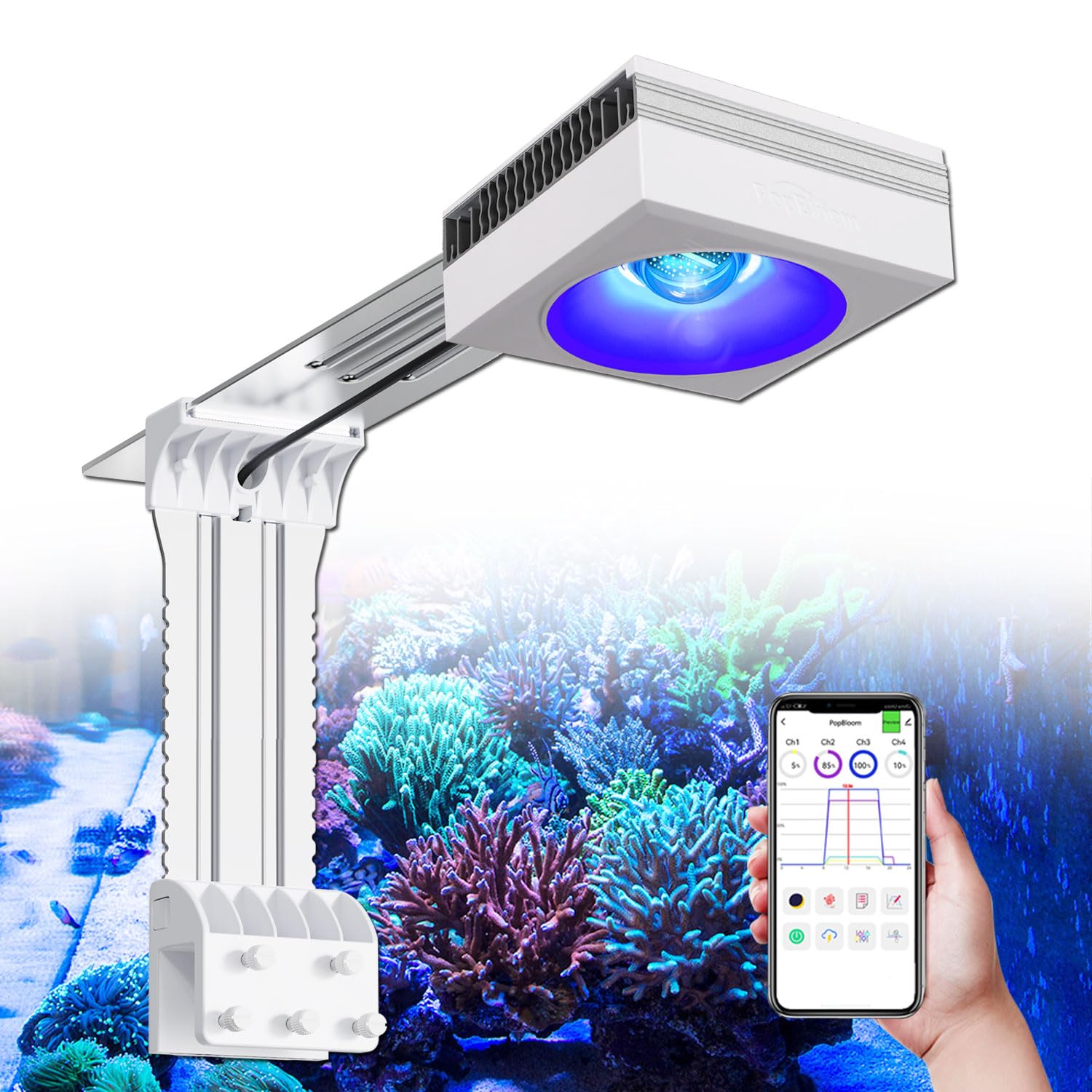 PopBloom RL115 Reef 120W Reef Aquarium Lighting for SPS LPS Corals and Saltwater Fish Tanks, Enhanced Violet and Blue Spectrum, Wide Angle Lens, 4 Channels Fully Programmable