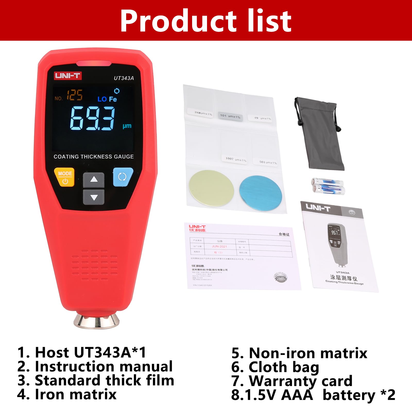 UT343A - Spessimetro Digitale, Misuratore di Spessore per Auto, con Dati USB
