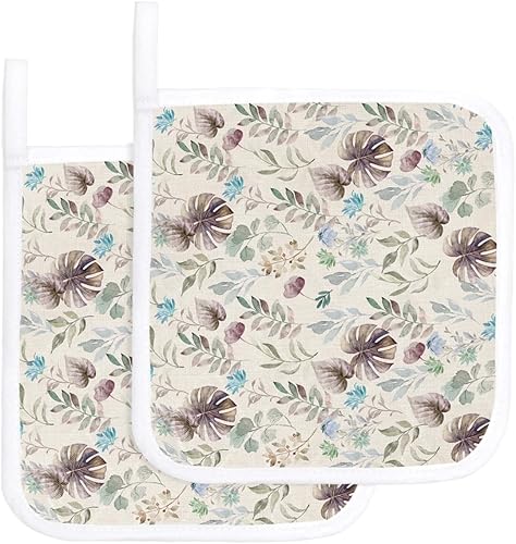 2 Packs Tropical Leaves Pot Holders Sets for Kitchen,Oven Pan Plate Bowl Pads Heat Proof Mat with Hanging Loop,Terry Cloth Potholders Soft Grip for