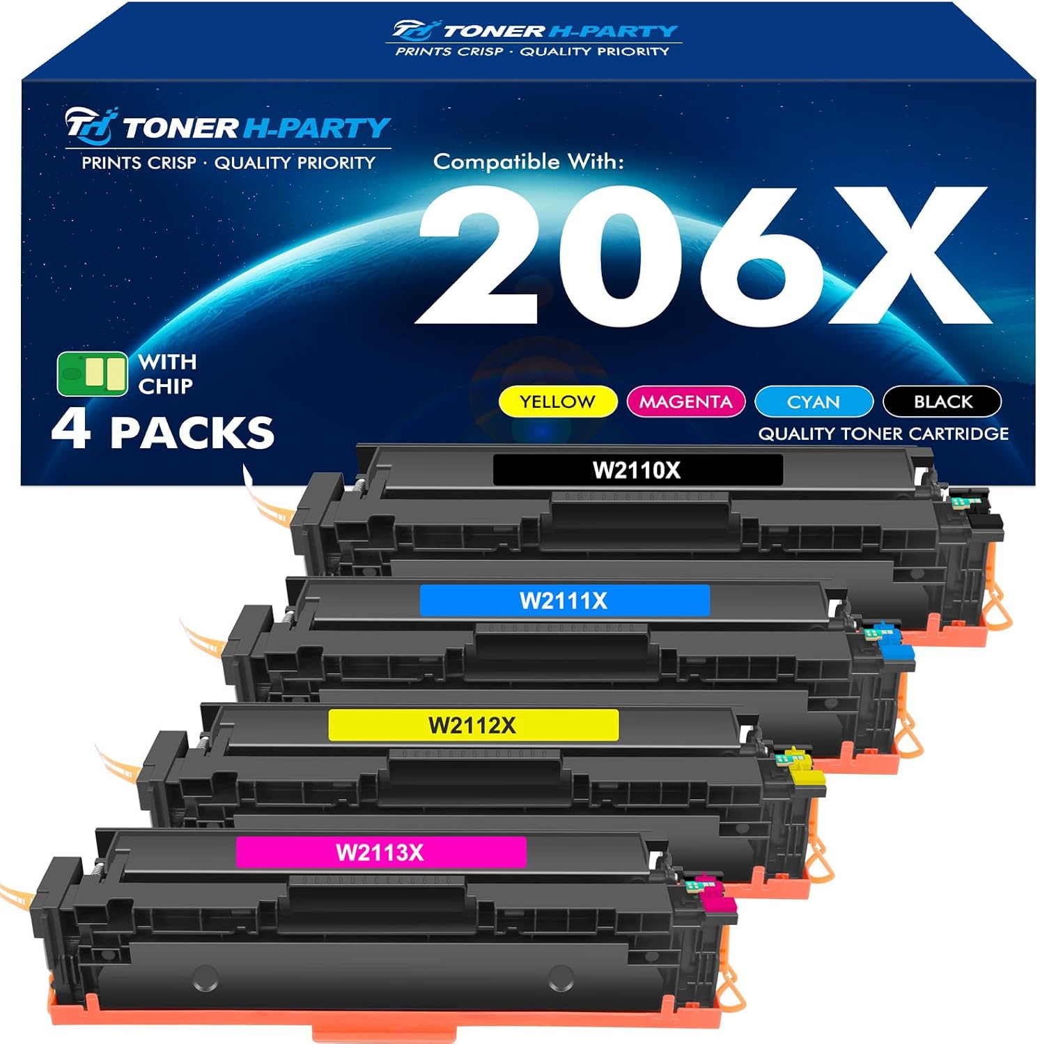 206X 206A Toner Cartridges 4 Pack High Yield M283fdw N283cdw Set Compatible Replacement for HP 206X 206A Color LaserJet Pro MFP M283cdw M255dw M283 Printer Ink (with Chip, Black Cyan Yellow Magenta)