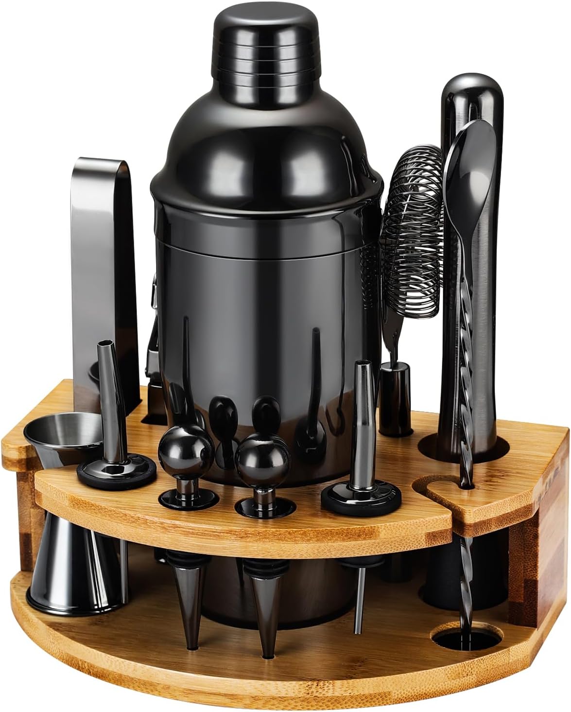 Cocktail Shaker Set Bartender Kit with Stand, 12 Piece Bar Set Drink Mixer Set with Stainless Steel Bar Accessories Tools: 25oz Martini Shaker Jigger Strainer Spoon Muddler for Cocktails (Black)