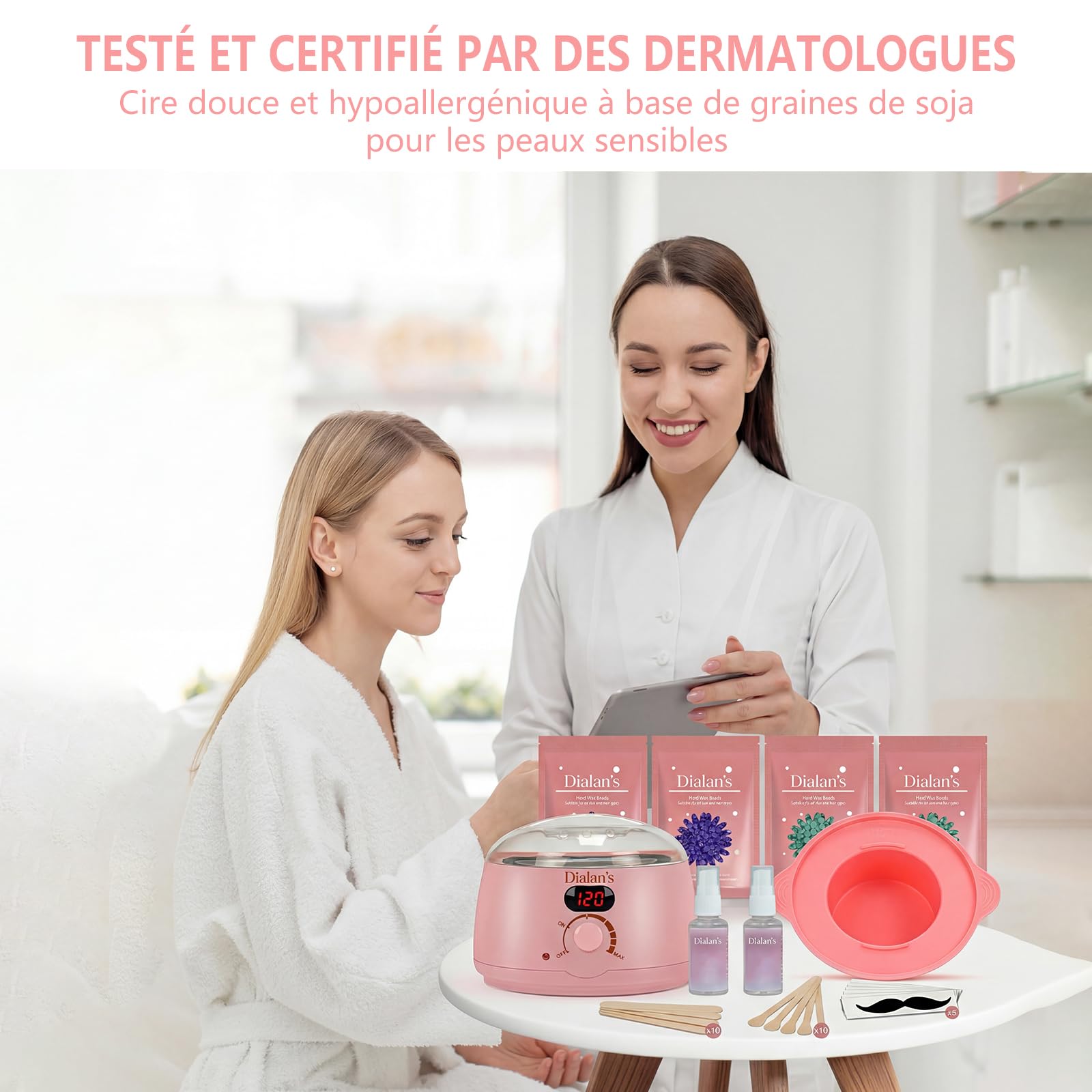 Chauffe Cire Epilation, Kit D'épilation à la cire Avec Affichage numérique Chauffe-cire, Silicone Bol, Perles Dure Pour le visage/Bras/Jambe/Bikini, Tous Les Types de Cheveux - rose