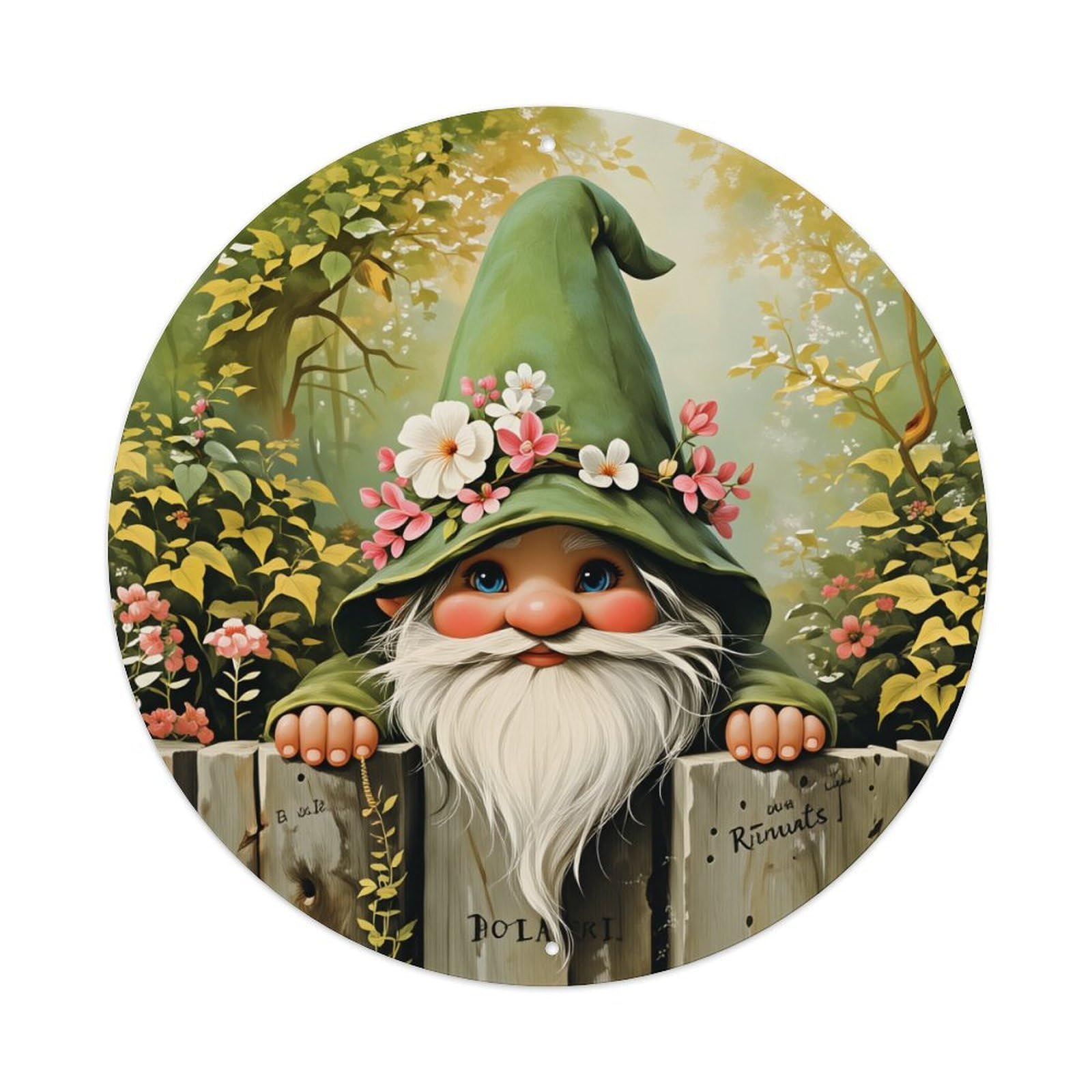 Garden Gnome Floral Hat Fence Round Tin Sign Vintage Style Metal Sign Home Bar Garden Wall Plaque Decor Metal Poster 8x8 Inch