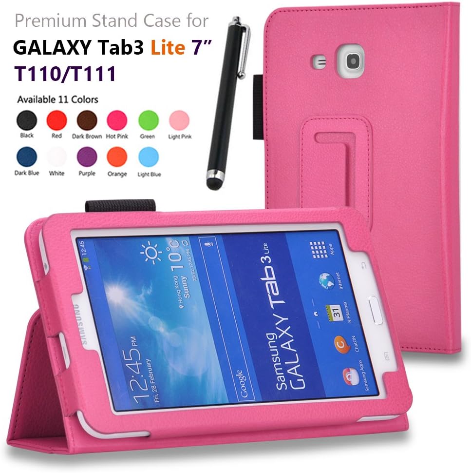 SHEROX Galaxy Tab 3 Lite 7.0 / Galaxy Tab E Lite 7.0 Case Premium Folio Leather Case for Samsung Galaxy Tab 3 Lite 7.0 / Galaxy Tab E Lite 7.0 Inch Tablet, with Stylus Touch Pen (Hot Pink)