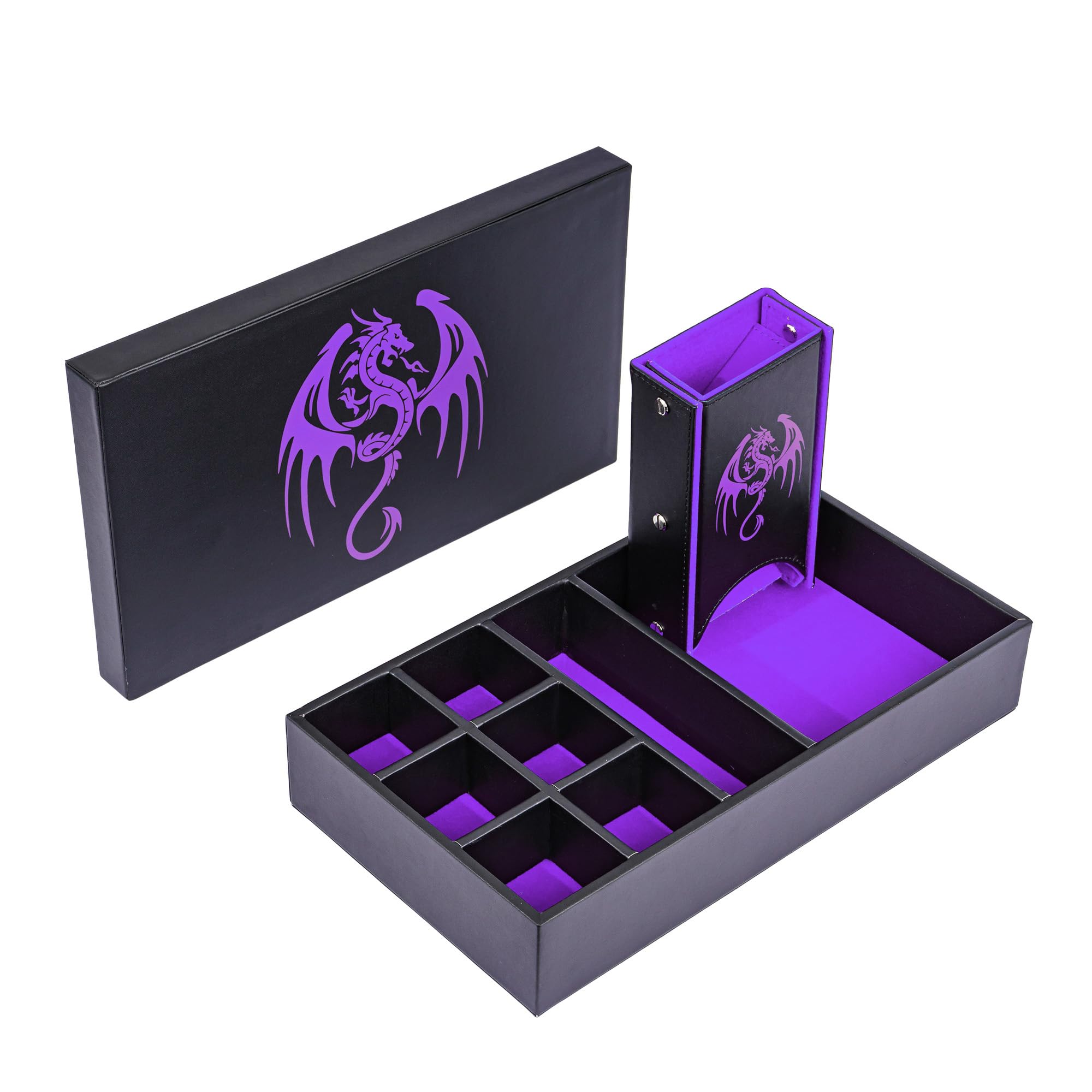 Caja de dados multifuncional 4 en 1 de almacenamiento D&D, torre de dados portátil, bandeja de dados morada, funda de cuero para juegos de rol de Dungeons and Dragons y otros juegos de mesa