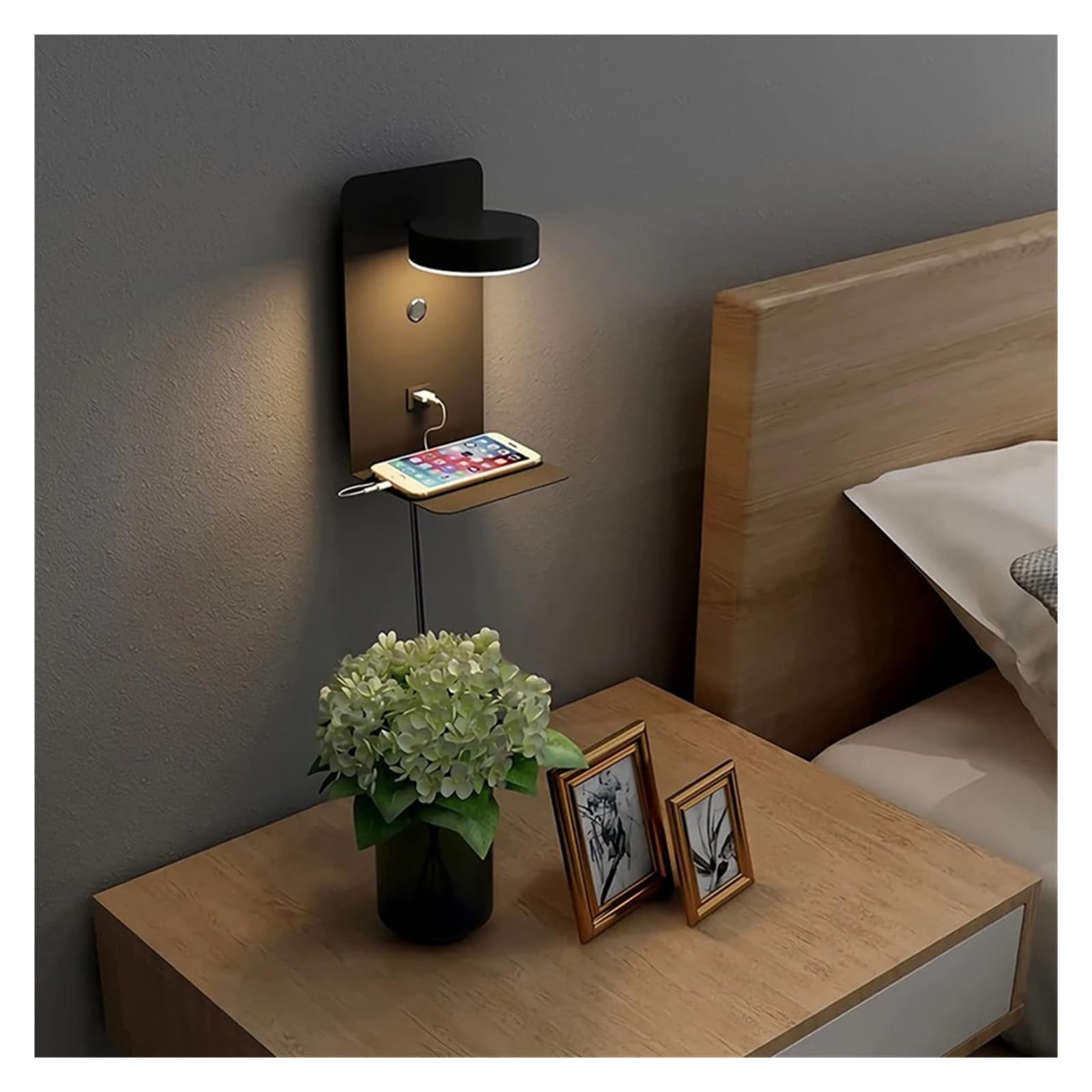 Lampa Ścienna LED Do Wnętrz, Ładowanie Telefonu Komórkowego Przez USB, Lampy Ścienne Z Przełącznikiem, Sypialnia, Lampki Nocne Czytania, Dekoracja Salonu CiepłA I Komfortowa Atmosfera(Black)