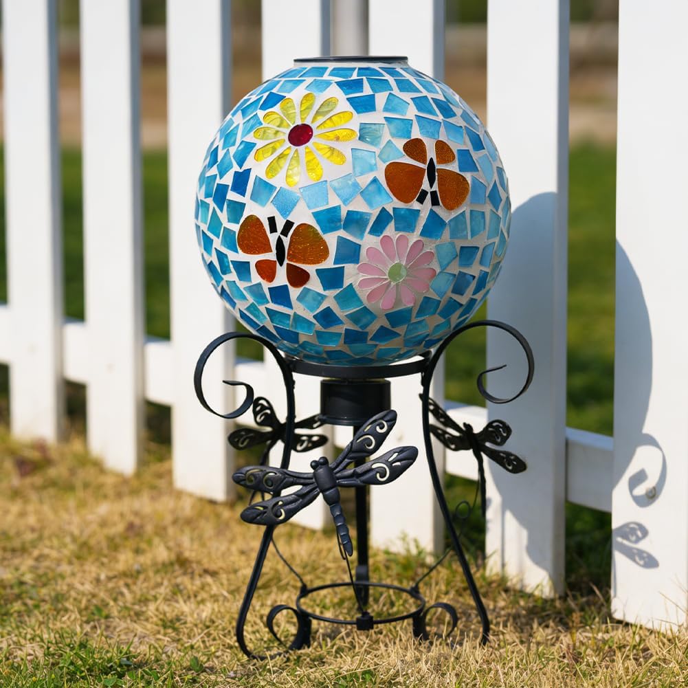 Stargarden Solar Gazing Ball, 10”Glass Gazing Globe, Mosaic Gazing Balls with Metal Ball Stand for Patio, Lawn, Garden Decor