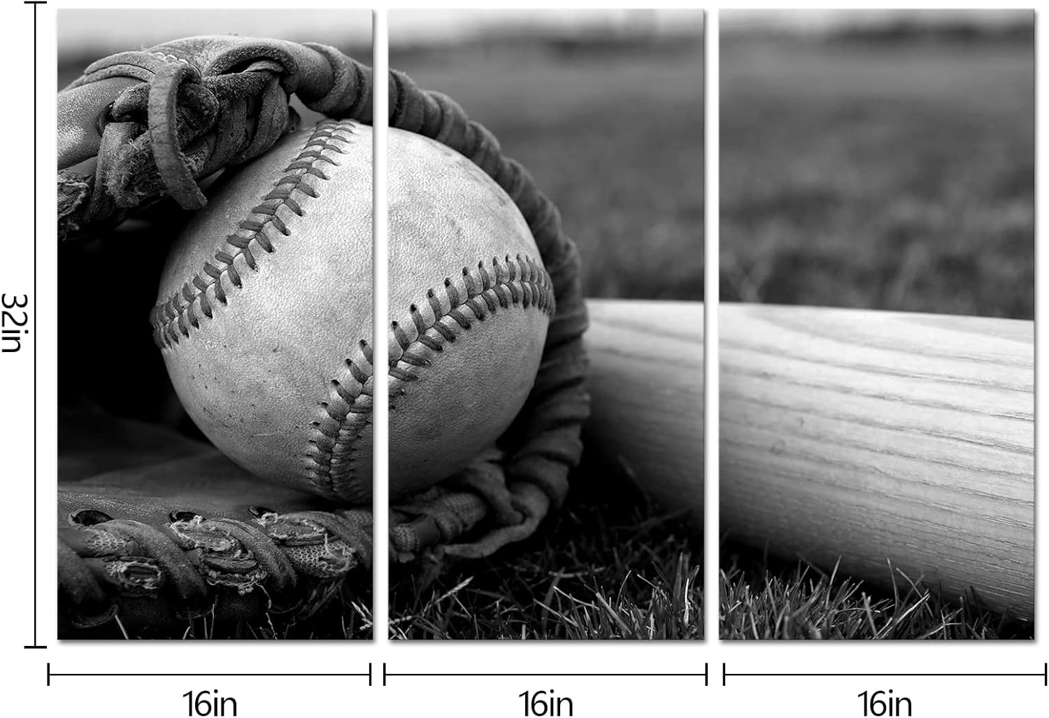 HOMEOART Baseball Picture Sports Themed Baseball Wall Art Print On Canvas Boys Bedroom Decoration Black and White Stretched Framed Artwork 16x32inchx3Panels - Image 4