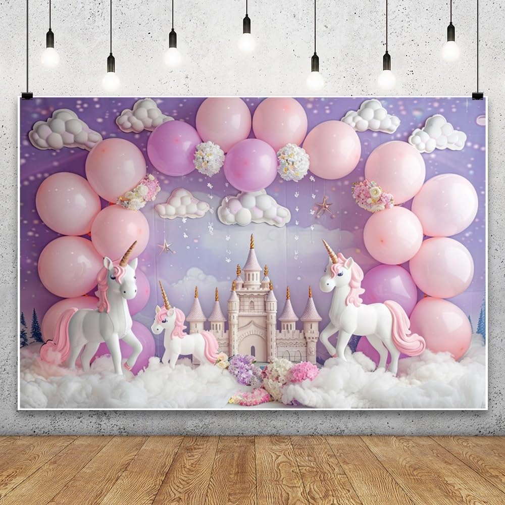 4,5x3m Sfondo Unicorno Castello delle Meraviglie Fiori Arco di palloncini viola e rosa Sfondo fotografico interno Nuvola Bianca Romantico Decorazioni per feste di compleanno per bambine