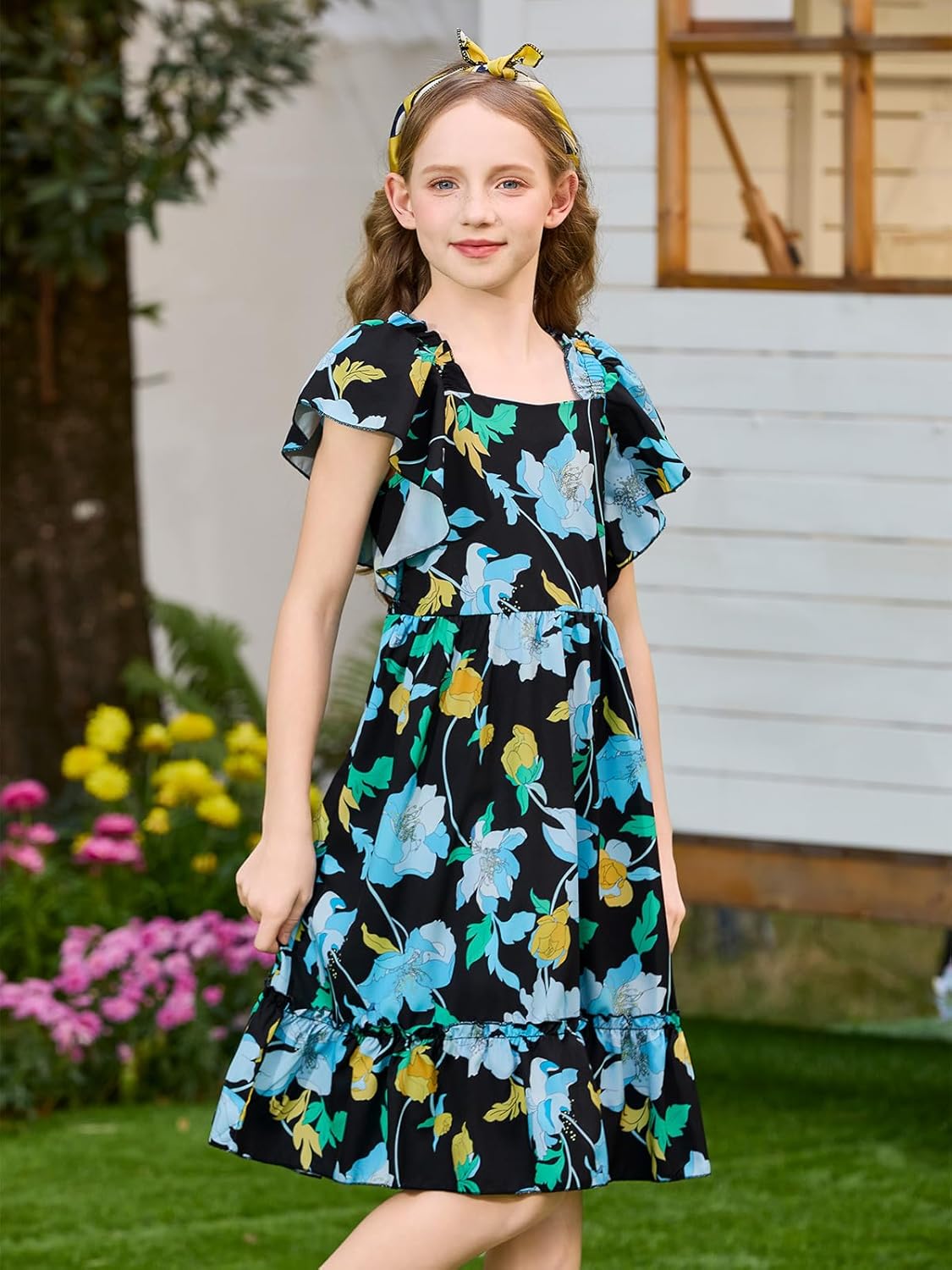 Haloumoning Girls Floral Summer Dress Kids Boho Ruffle Short Sleeve Square Neck Smocked Midi Dresses 5-14 Years - Image 3