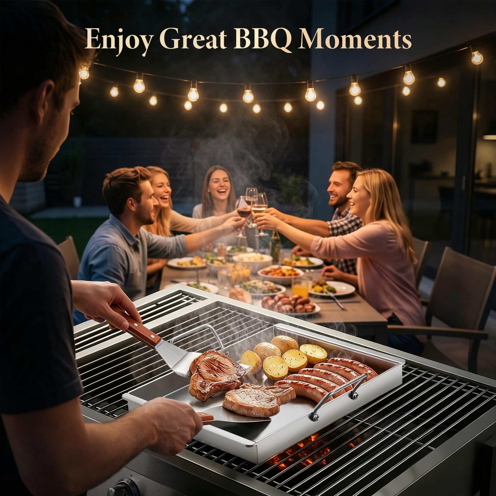 Piastra per barbecue in acciaio inox, 40 x 30 x 4 cm, con 2 manici in legno resistenti al calore, spatola con beccuccio per grasso integrato, piastra da 4 mm di spessore, per barbecue