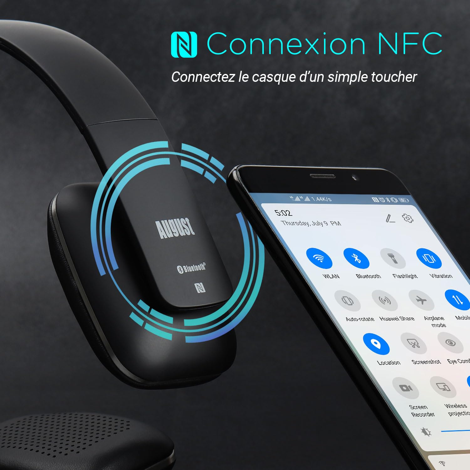 August EP636 - Casque Bluetooth sans Fil aptX - Homme Femme NFC Micro Audio Stéréo Supra Aural Ultra-léger Confortable, Batterie 14h d'autonomie Wireless - Compatible Android Apple Windows - Noir