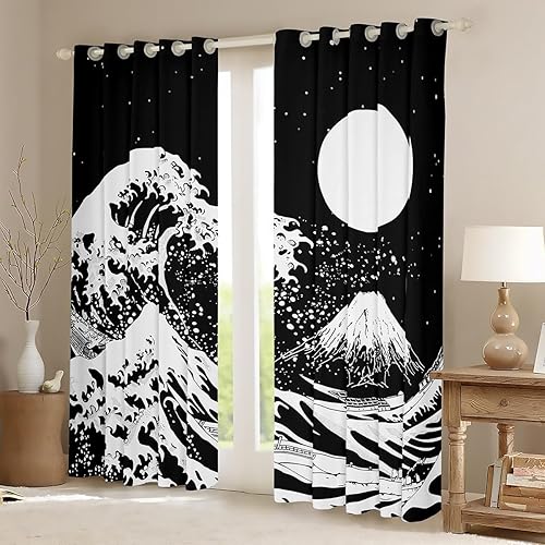 Miniatura 2 de Erosebridal Cortinas de luna, cortinas opacas con ondas oceánicas, cortinas de ventana Fuji de montaña, estilo japonés, tratamientos de ventana