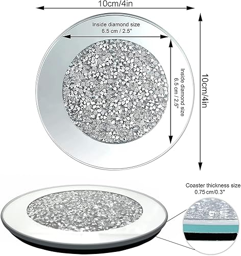 Vista 12 de GIMORRTO Posavasos de cristal con espejo de 4 piezas, diamante triturado redondo de 4 pulgadas, decoración en la mesa para bar, herramientas, mesa
