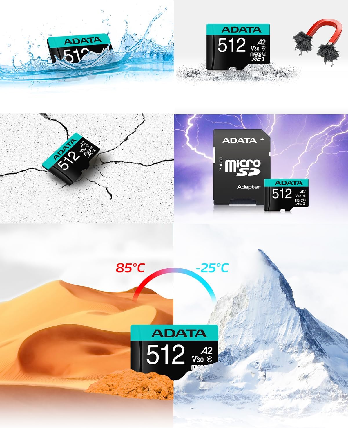 ADATA Premier Pro 512GB MicroSDXC/SDHC UHS-I U3 Class 10 V30S A2 Memory Card with SD Adapter - Waterproof, Shockproof, X-ray Proof, Magnet Proof and Temperature Resistant