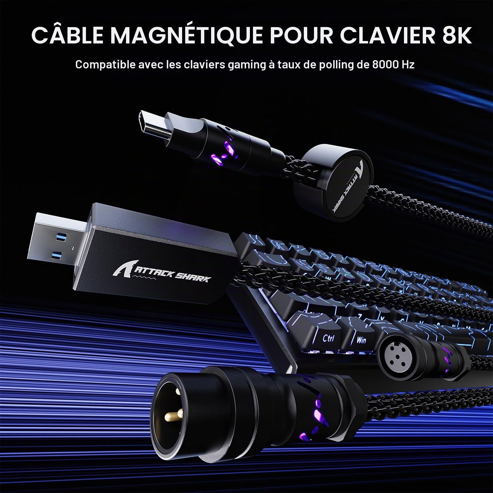 ATTACK SHARK C07 Câble USB-C Lumineux pour Clavier Gaming 8KHz-Noir