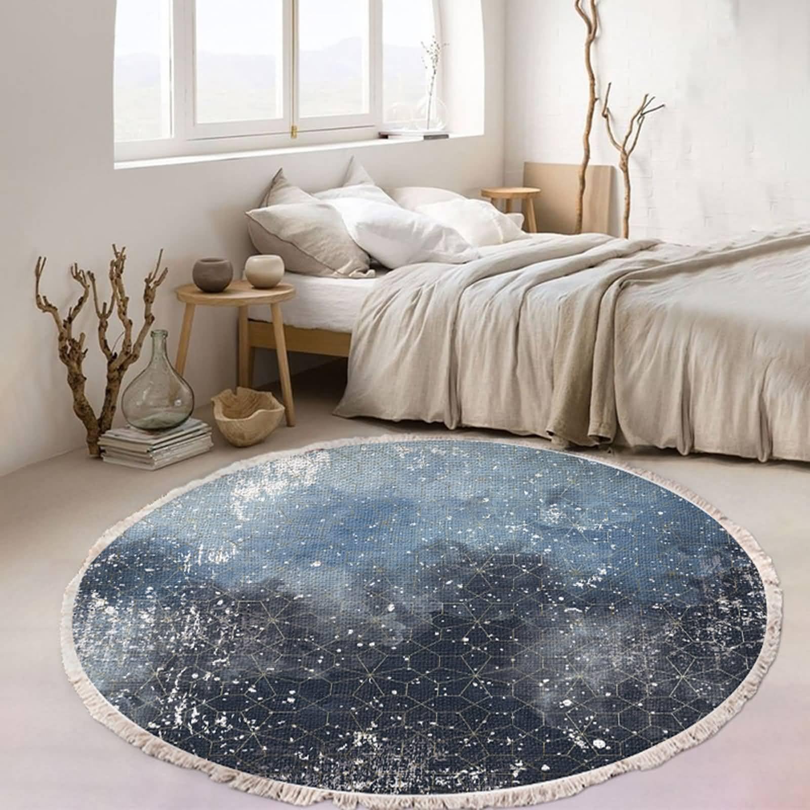 Dywaniki boho do sypialni, ciemnoszary niebieski geometryczny wzór z frędzlami okrągłe nowoczesne dywaniki sypialnia dekoracja mata podłogowa, styl 2, 90 cm