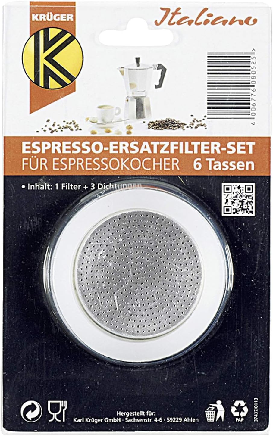 Karl Kruger 505S Espresso Maker 1 Filter and 3 Sealing Rings, 6 Cup, Aluminium, Black