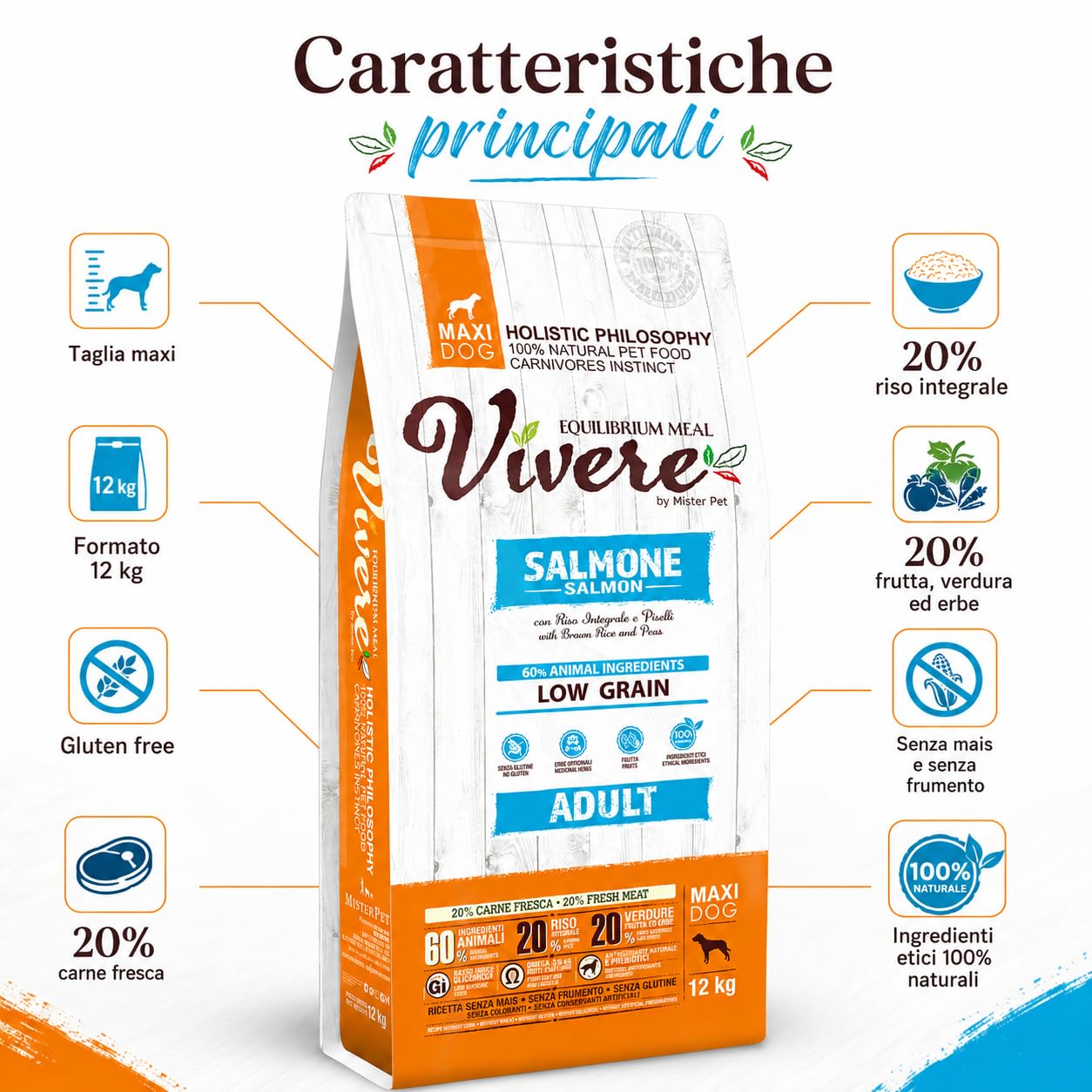 Vivere Adult Maxi Crocchette Cane Adulto con Salmone, Mangime Secco Low Grain Gluten Free per Cani Taglia Grande, Alimento Completo con Omega 3, Prebiotici, Frutta ed Erbe, 12 kg
