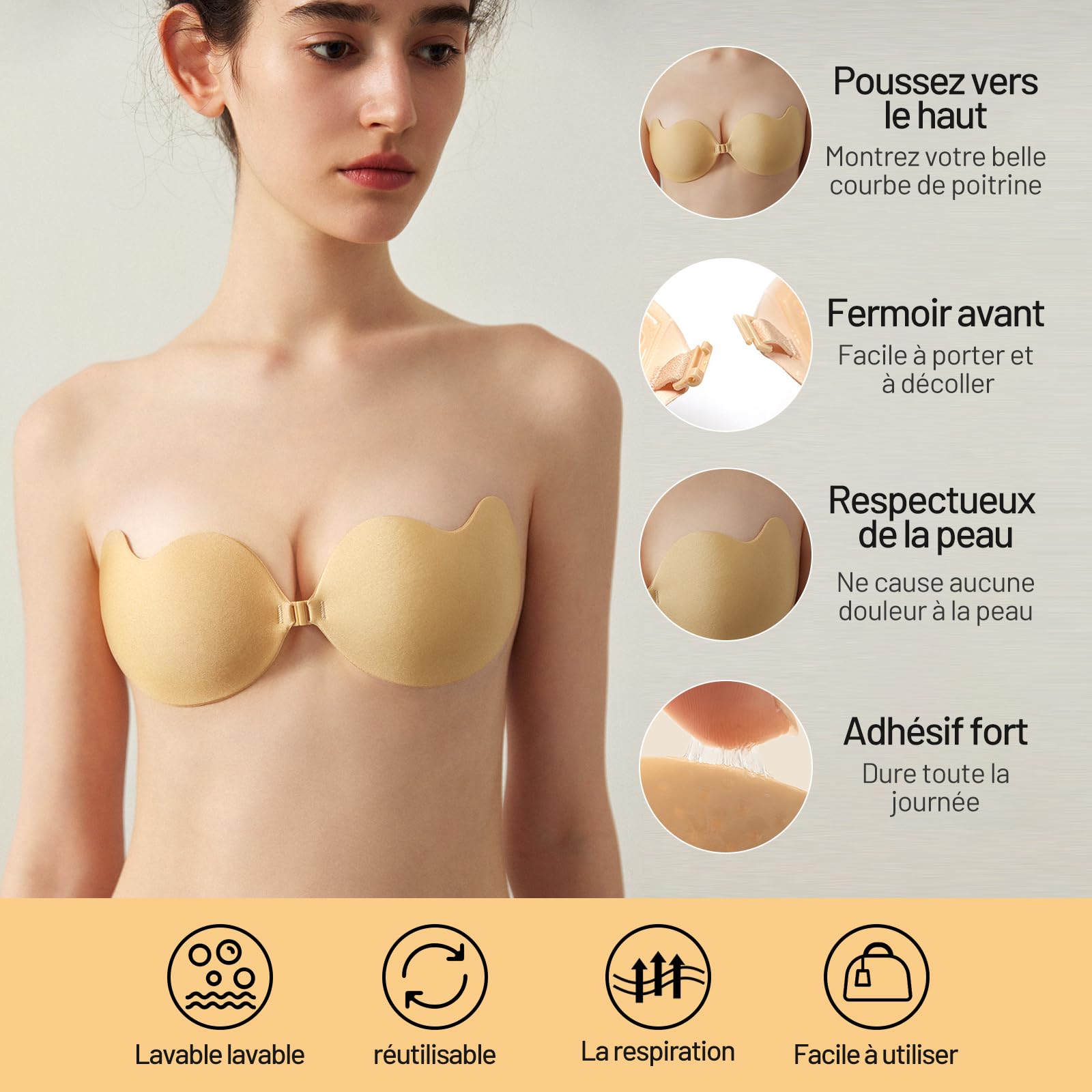 Soutien Gorge Dos Nu Soutien Gorge Invisible Adhesif Push up sans Bretelle Remonte Sein Adhesif Coque Adhesive sans Bretelle Réutilisable avec Cache-téton Femme pour Robe de Soirée