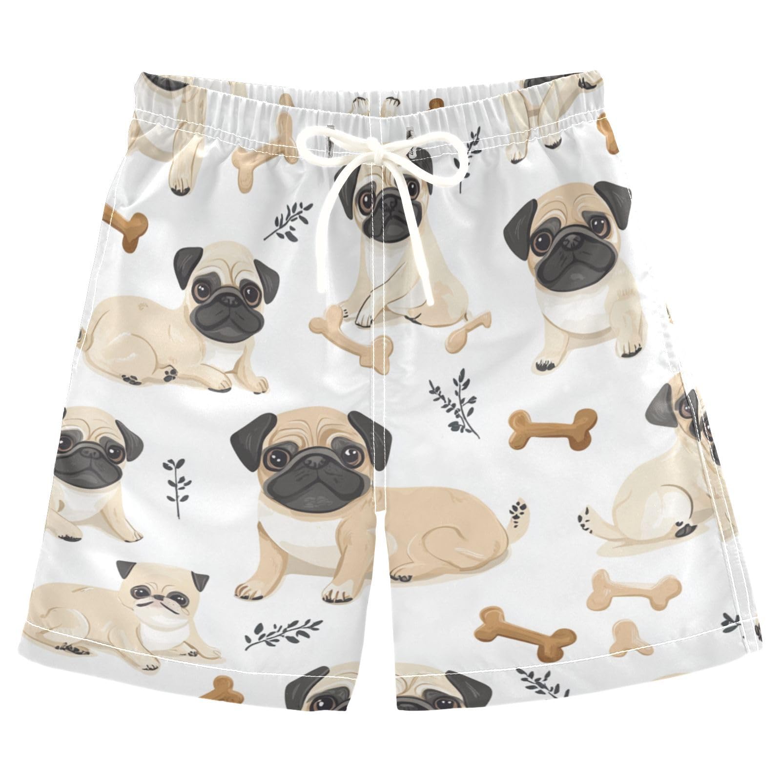 Jucciaco Boys Beach Board Shorts Pug Pet Dog Animal Swim Trunk Teen Swimwear Multicolor