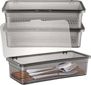 DOITOOL 3Pcs Flatware Tray with Lid Kitchen Cutlery and Utensil Drawer Organizer Silverware Holder Countertop Storage Container, 10 x 3.9 x 2.8inch (Black)