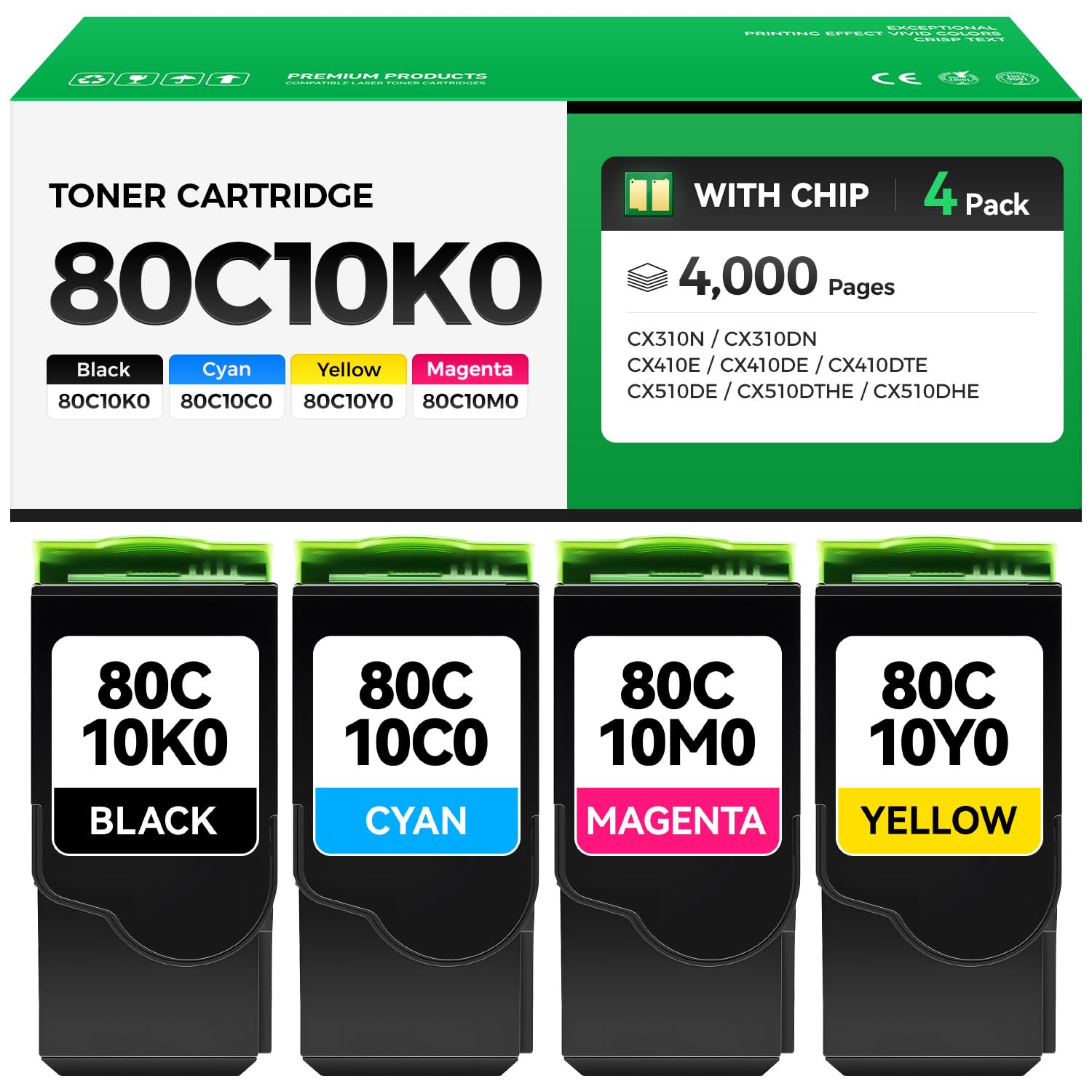80C10K0 80C10C0 80C10M0 80C10Y0 Toner Cartridge Set 4-Pack Replacement Compatible with Lexmark CX310N CX310DN CX410E CX410DE CX410DTE CX510DE CX510DTHE CX510DHE Printer Ink Black Cyan Magenta Yellow
