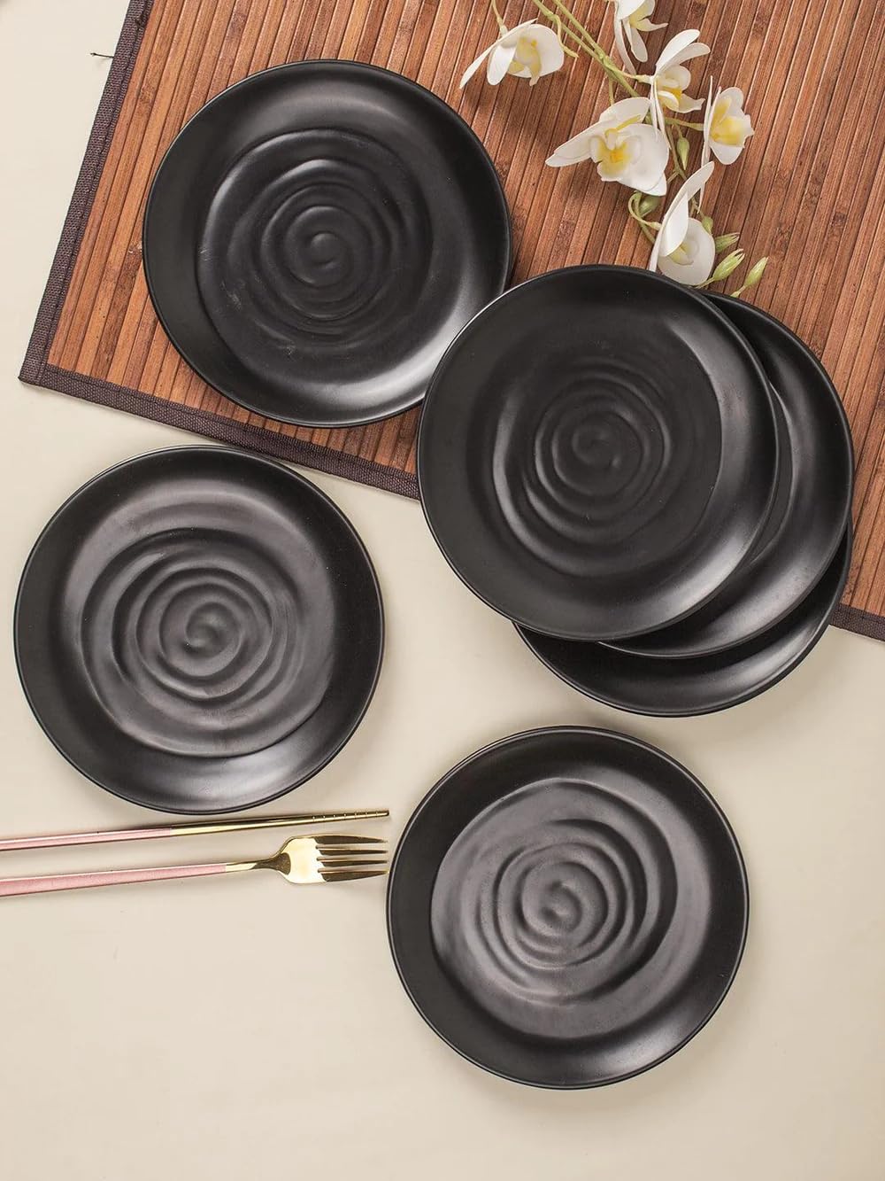 MARKET 99 Melamine Black Round Quarter Plate (Set of 6) | Serveware for Breakfast and Lunch | Decorative Serving Plates for Snacks | Morden Serveware for Festive Season