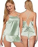 Womens Silk Pajamas Sets S-XXL 2Pcs Sexy Satin Pjs Lingerie Cami Shorts Set Camisole Sleepwear Nightwear
