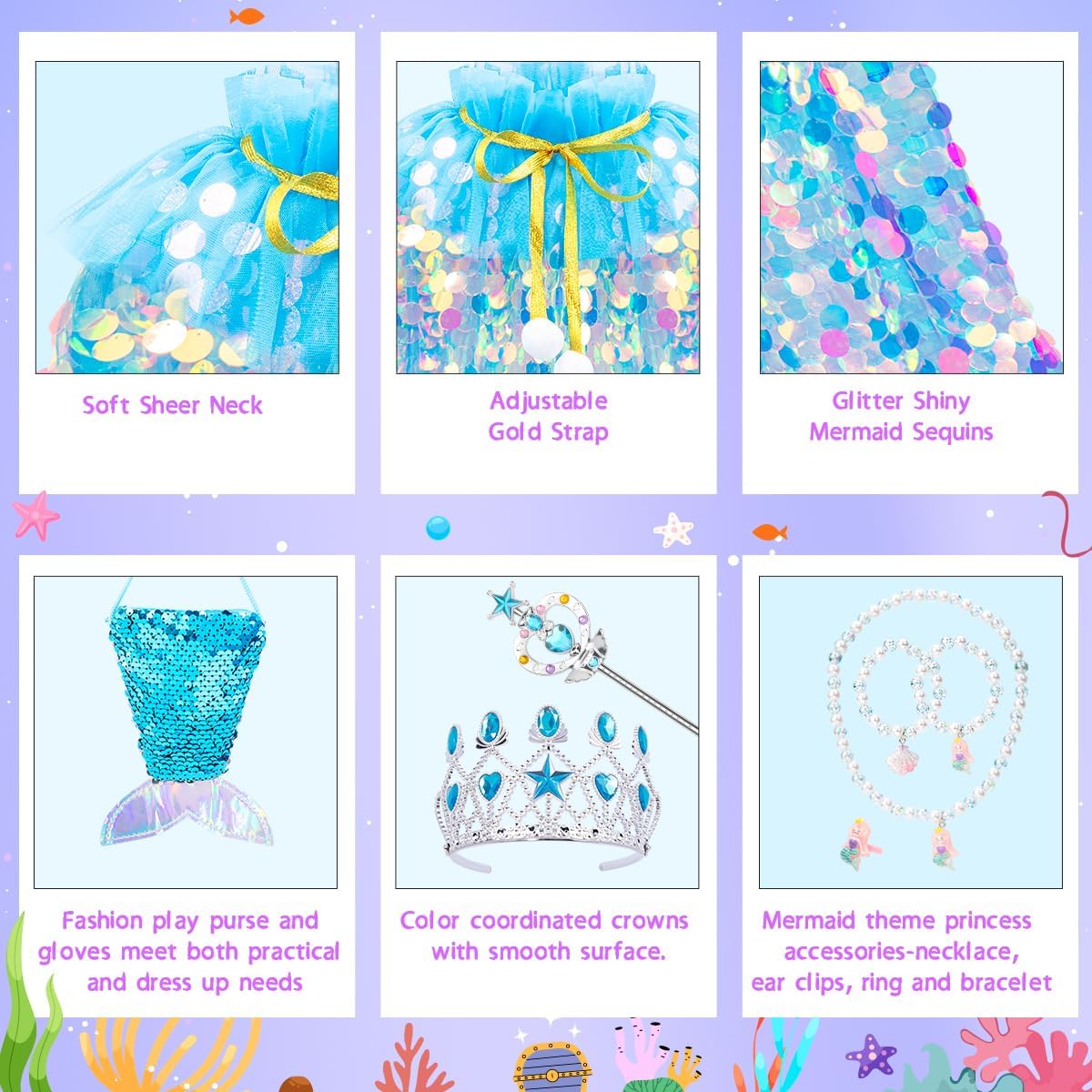 Meland Princess Dress Up for Girls 3-8, 11Pcs Mermaid Cape with Crown, Dress Up Clothes Birthday Gift Toys for Girls Toddlers - Image 2