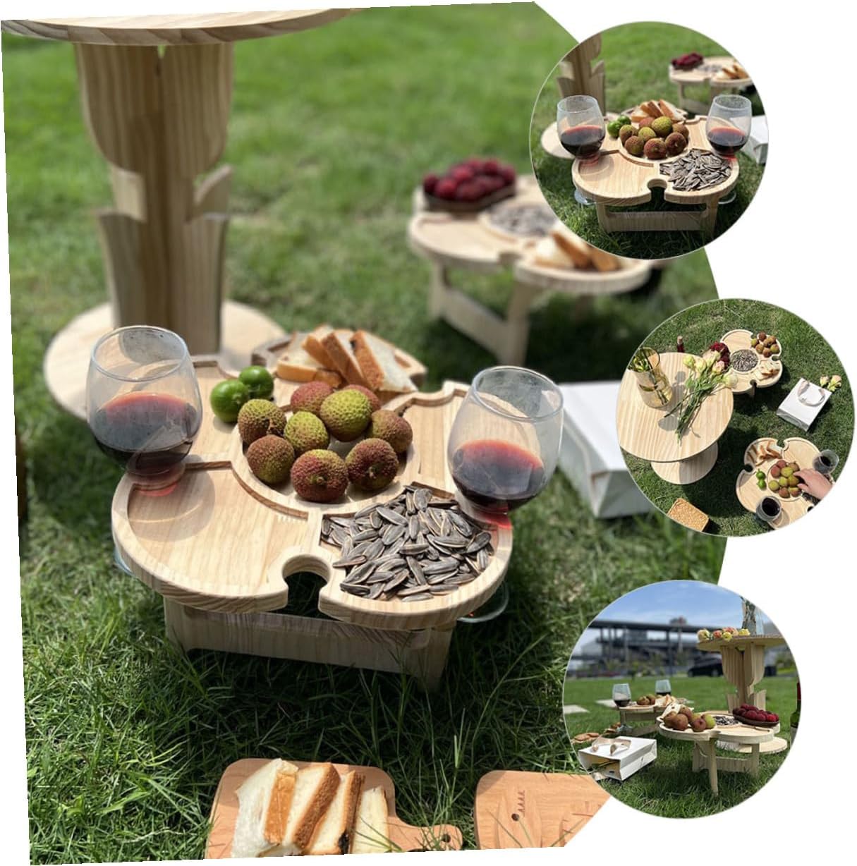 Portable Folding Wine Table Outdoor Picnic Wooden Beverage Desk 35cm Diameter Floor Table Travel Wine Rack for Beach BBQ and Camping