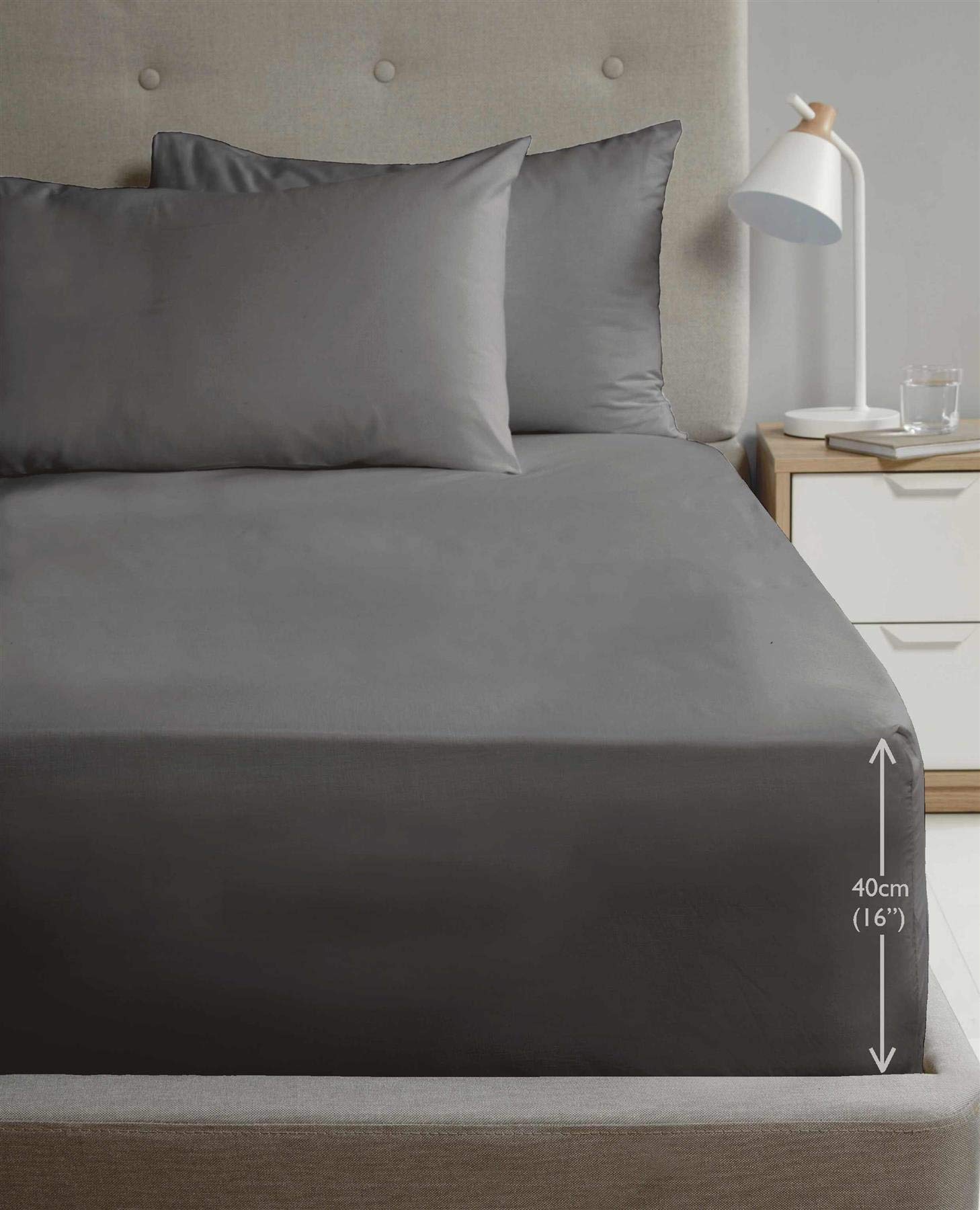 Rapport Home Single Size Fitted Sheet Extra Deep 40cm Depth Charcoal Soft Easy Care Non-Iron Percale Bed Sheet – 16 inch Pocket