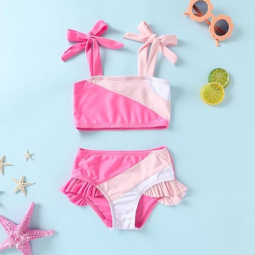Miniatura 2 de YOUNGER TREE Traje de baño de dos piezas para niñas pequeñas, traje de baño de verano con bloques de color y rayas, traje de baño de playa 18M-5T