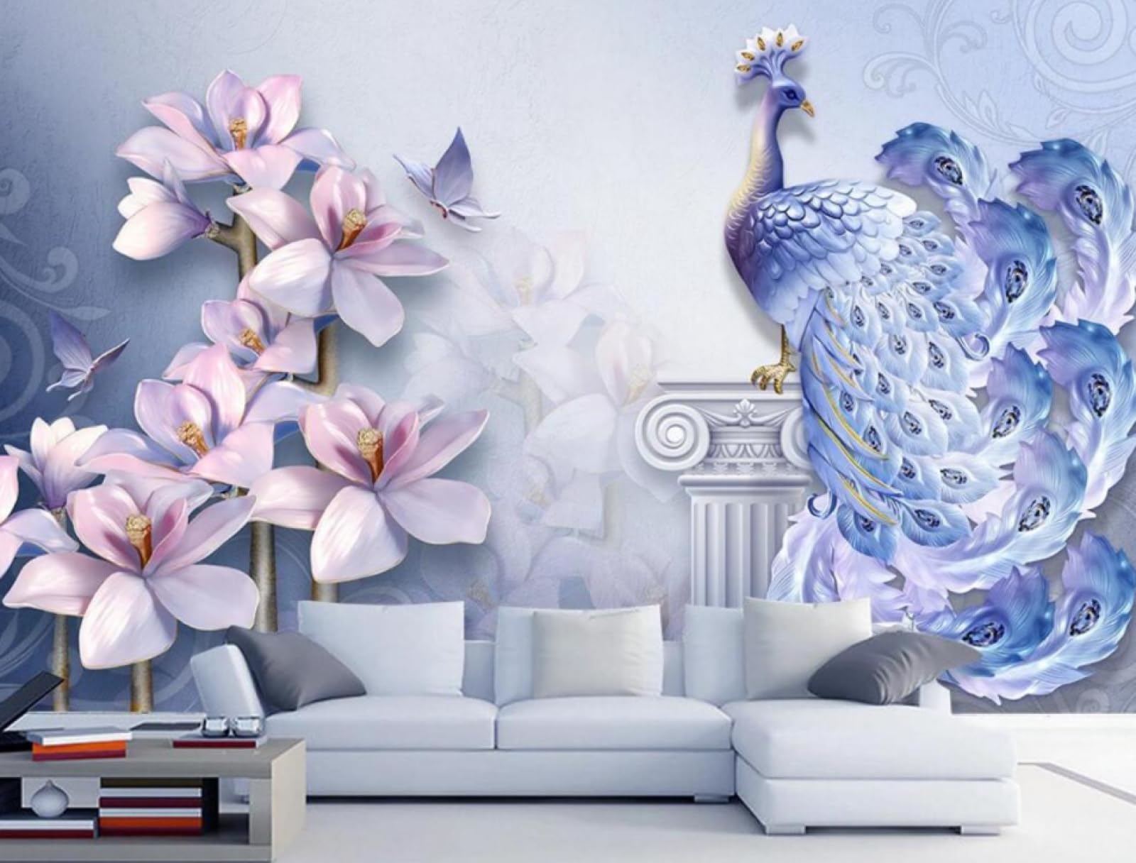 Papier peint relief paon haut de gamme 3D pour grand salon