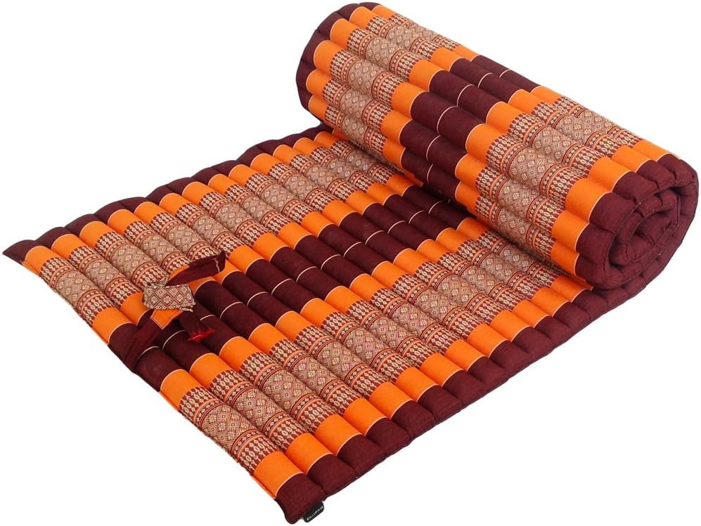 Traditional Thai Kapok Roll-Up Meditation Mattress for Yoga Massage or Relaxation (Orange, Maroon)