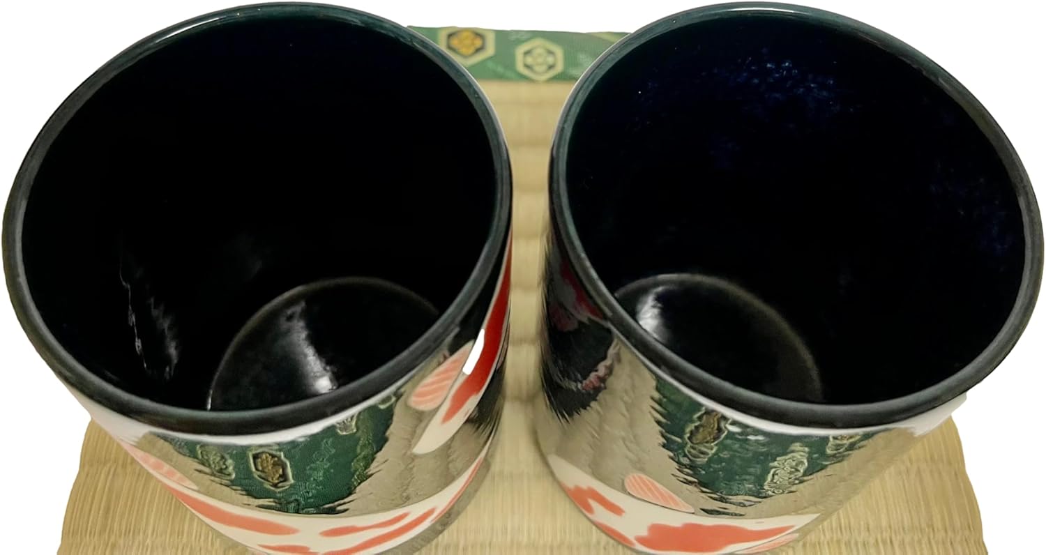 Japanese Traditional Ceramic Yunomi Teacup Set, H3.9 x2.8 Inches in diameter, 9.5 Fluid Ounces, Mino Ware, for Hot Green Tea, Bancha, Set of 2 from Japan (Navy Nishikigoi carp)