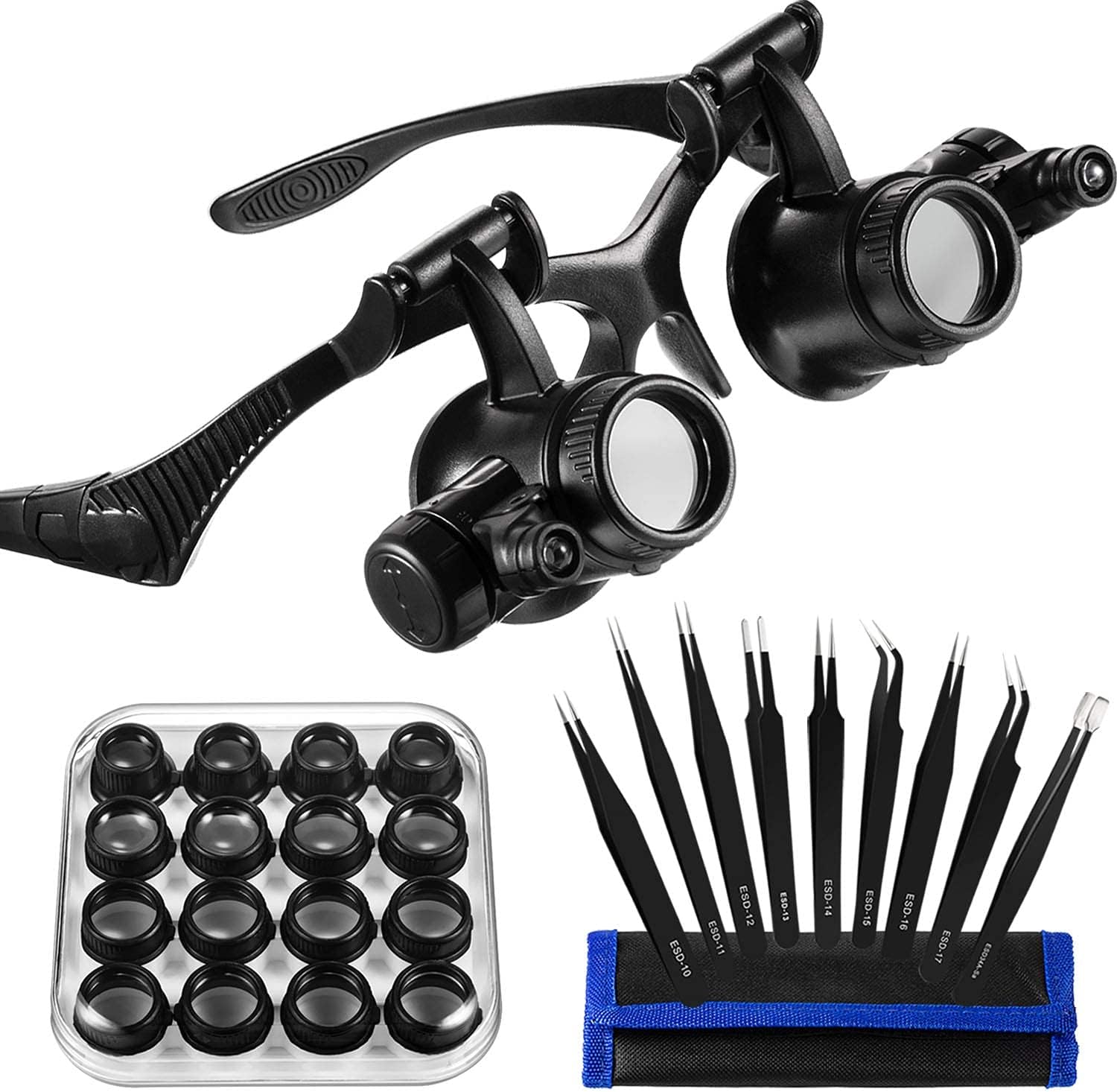 Headband Magnifier with LED Light for Jewelry Clock Electronics Repair Magnifying Glass Loupe with Precision Tweezers and 8 Interchangeable Lens: 2.5X/ 4X/ 6X/ 8X/ 10x/ 15x/ 20x/ 25x