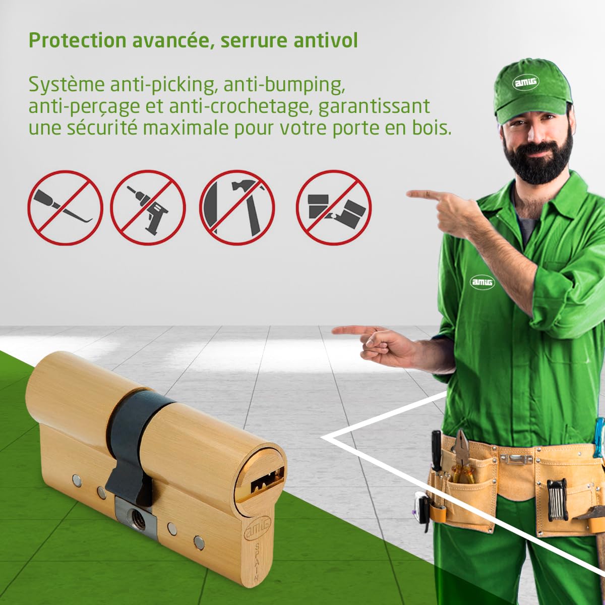 Amig - Cylindre Haute Sécurité | Système Anti-Chocs | Double Embrayage | Serrure Menuiserie Métallique | Compatible Interrupteur Extérieur, Laiton Mat, 70 mm (30-40), Métal